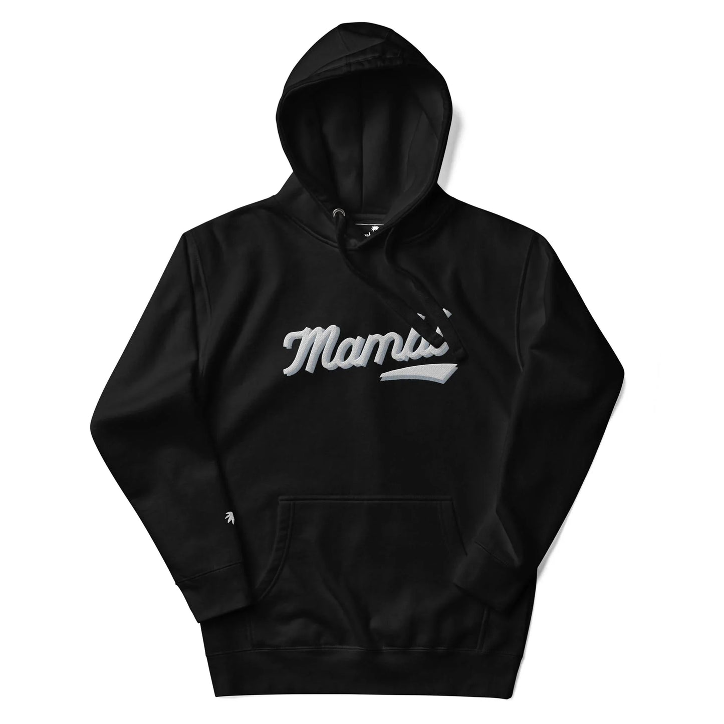 Black hooded sweatshirt featuring “Mamba” in white cursive across the chest and a front kangaroo pocket, inspired by Mambí style.