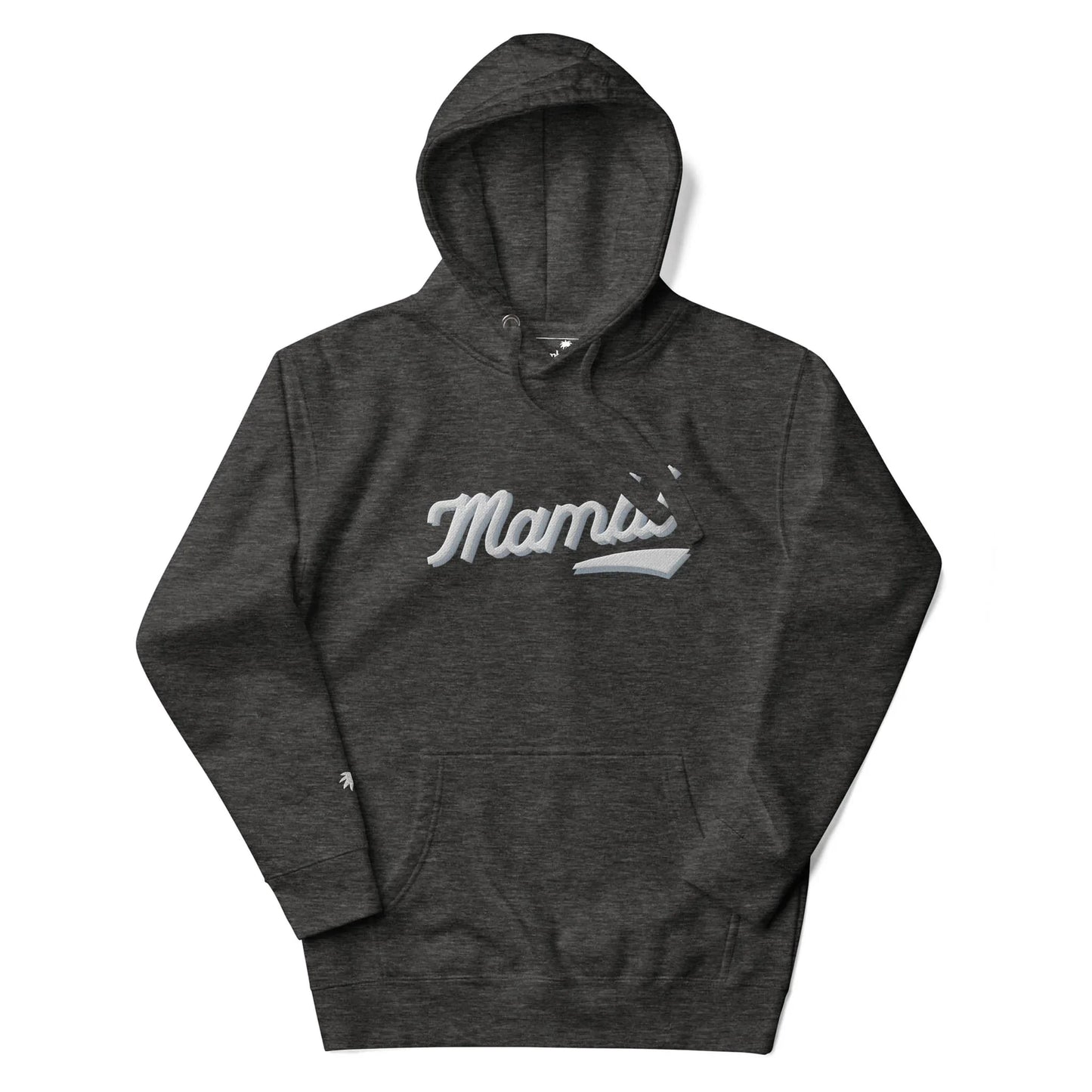 A dark gray hooded sweatshirt featuring the word Mambú in white script with a stylized underline, front pocket, drawstrings, and a nod to Mambí spirit.
