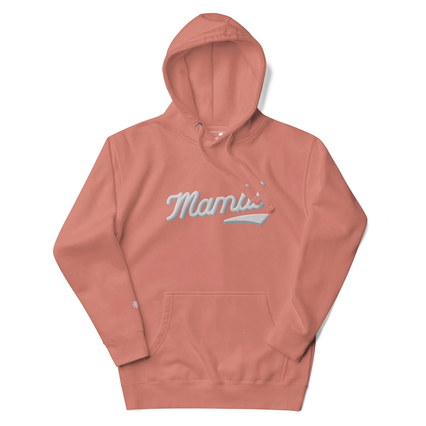 A coral pink hooded sweatshirt featuring the word Mami in white, cursive script across the chest, inspired by Mambí style and complete with a front kangaroo pocket.