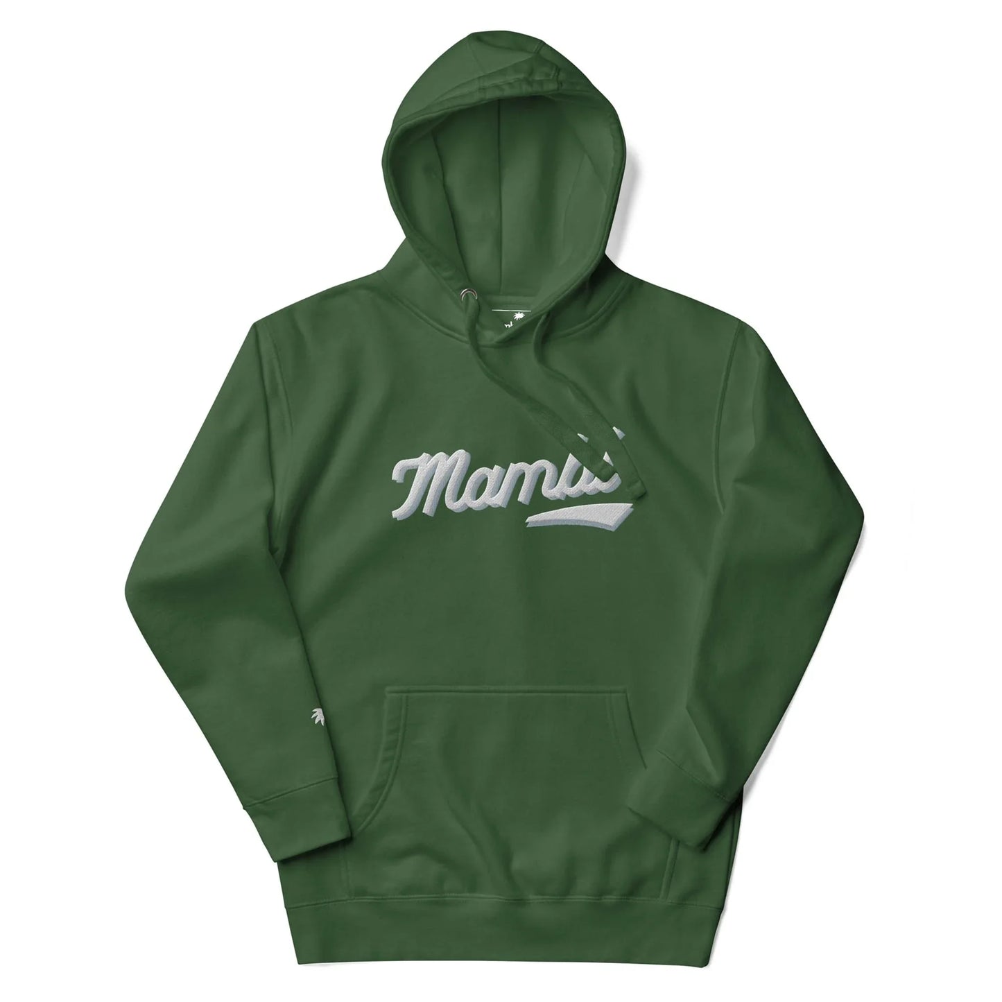 A forest green hooded sweatshirt featuring the word Mama in white script across the chest, inspired by Mambí style, with a front kangaroo pocket.