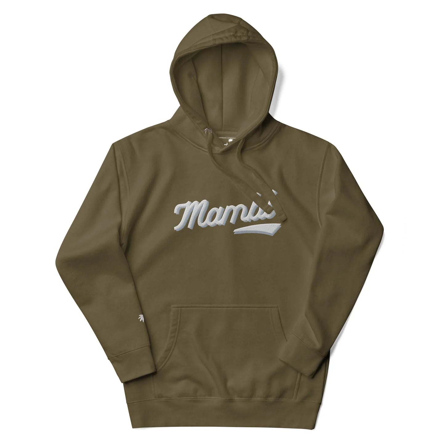 An olive green hoodie with the word Mambí in white script on the chest. It features a front pocket and adjustable drawstrings on the hood.