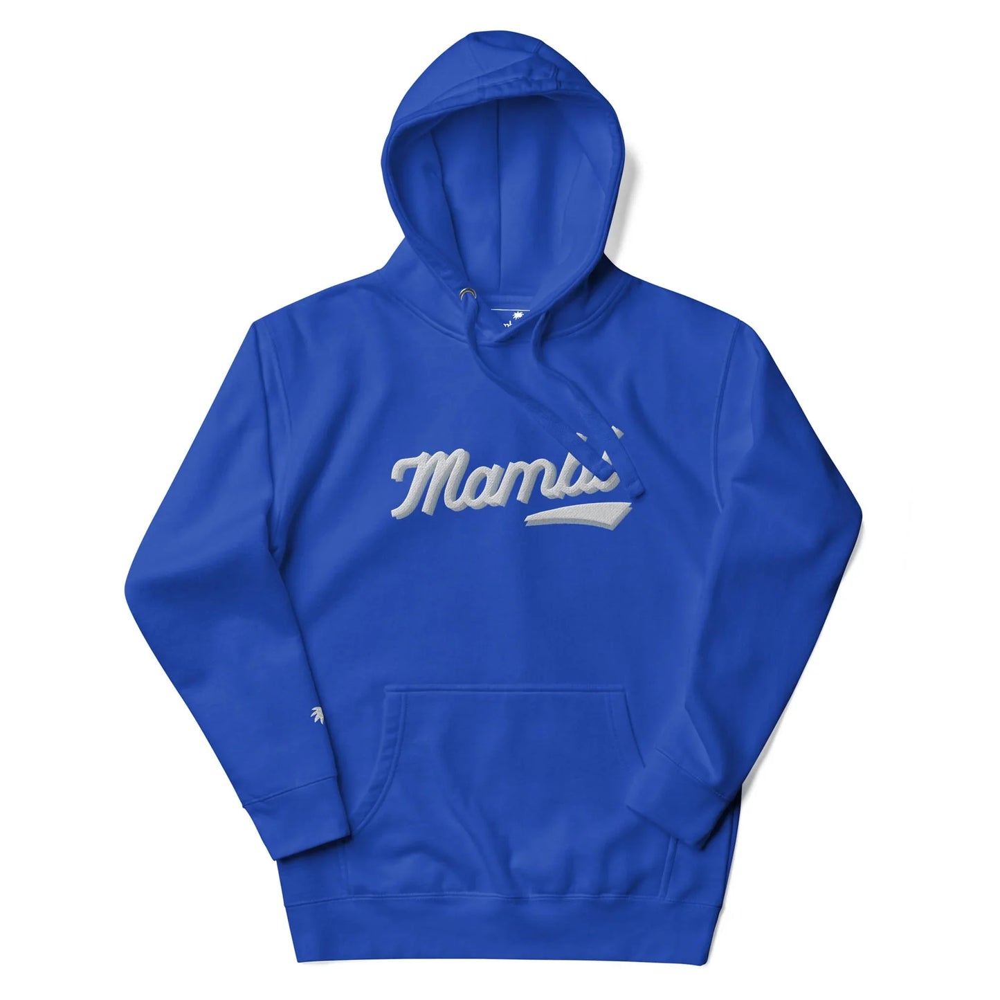 A royal blue Mambí hooded sweatshirt with the word Mamás in white, script-style letters across the chest and a front pocket.