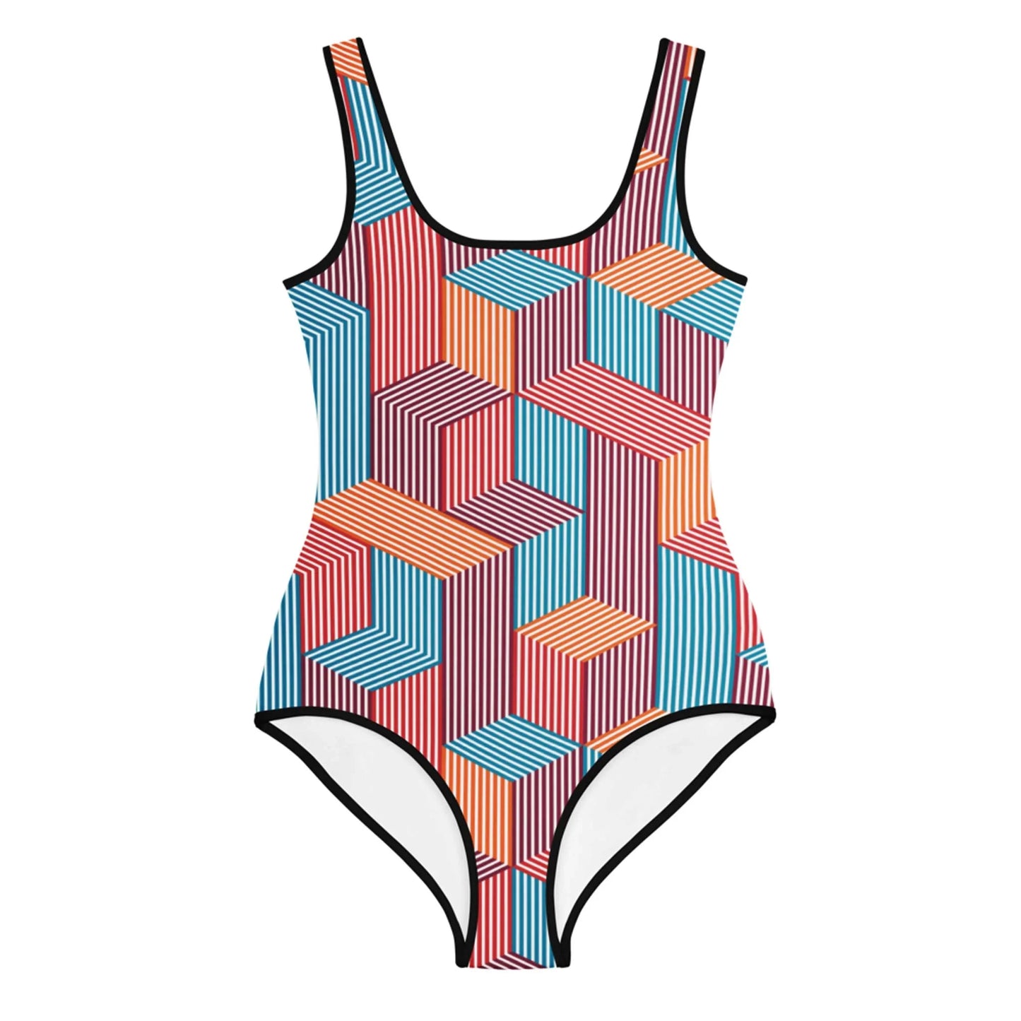 One-piece Mambí swimsuit with a geometric pattern in red, orange, blue, and black, featuring interlocking striped shapes and black piping. The suit has a scoop neck and high-cut leg openings.
