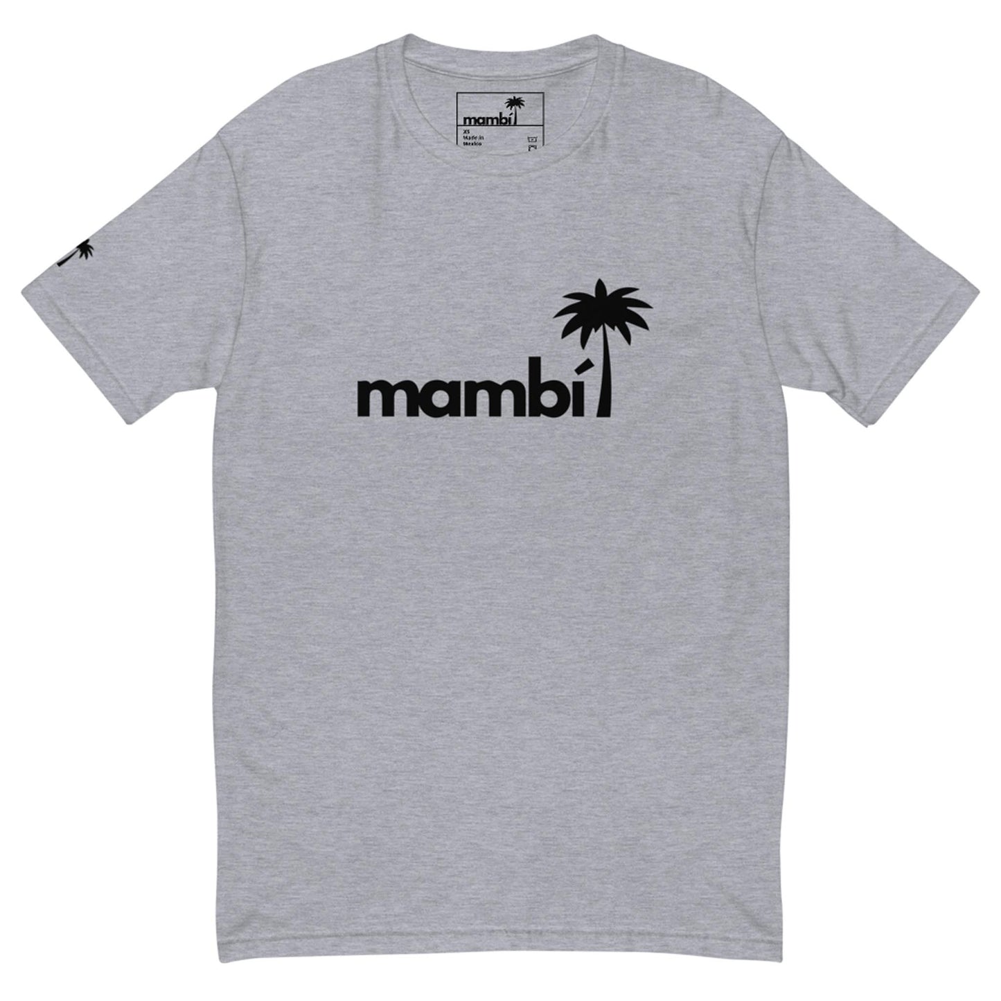 A light gray t-shirt with the word Mambí in black lowercase letters across the chest, featuring a black palm tree graphic extending from the letter i.