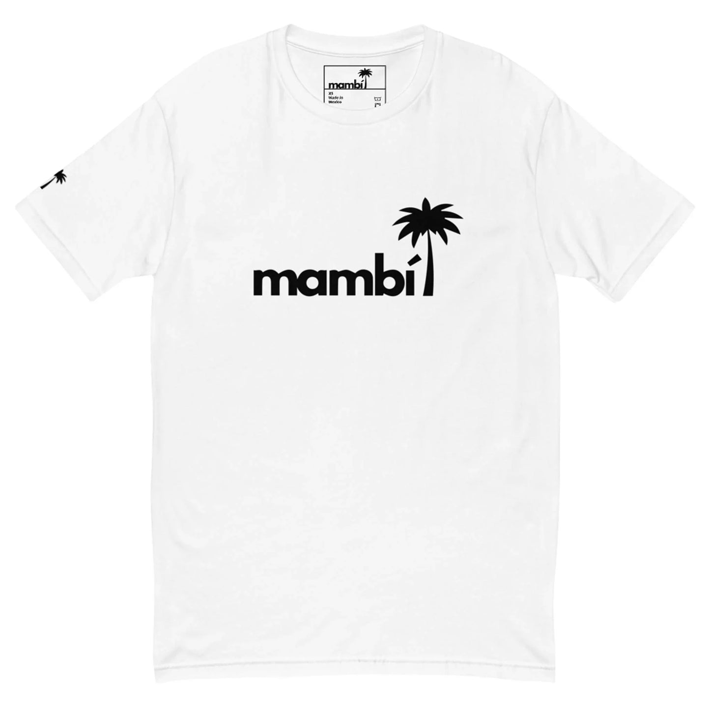 White t-shirt featuring the word Mambí in black lowercase letters across the chest, with a black palm tree graphic integrated into the text and a smaller palm tree on the left sleeve.