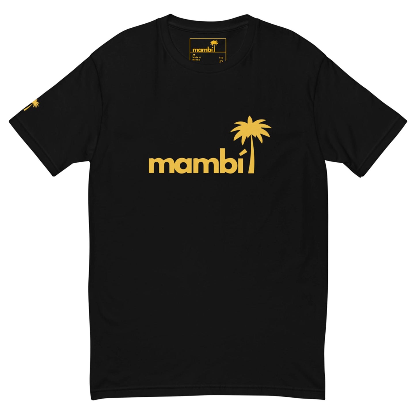 Black t-shirt with the word Mambí in yellow lowercase letters across the chest, featuring a yellow palm tree graphic extending from the last letter and a small yellow palm tree on the left sleeve.