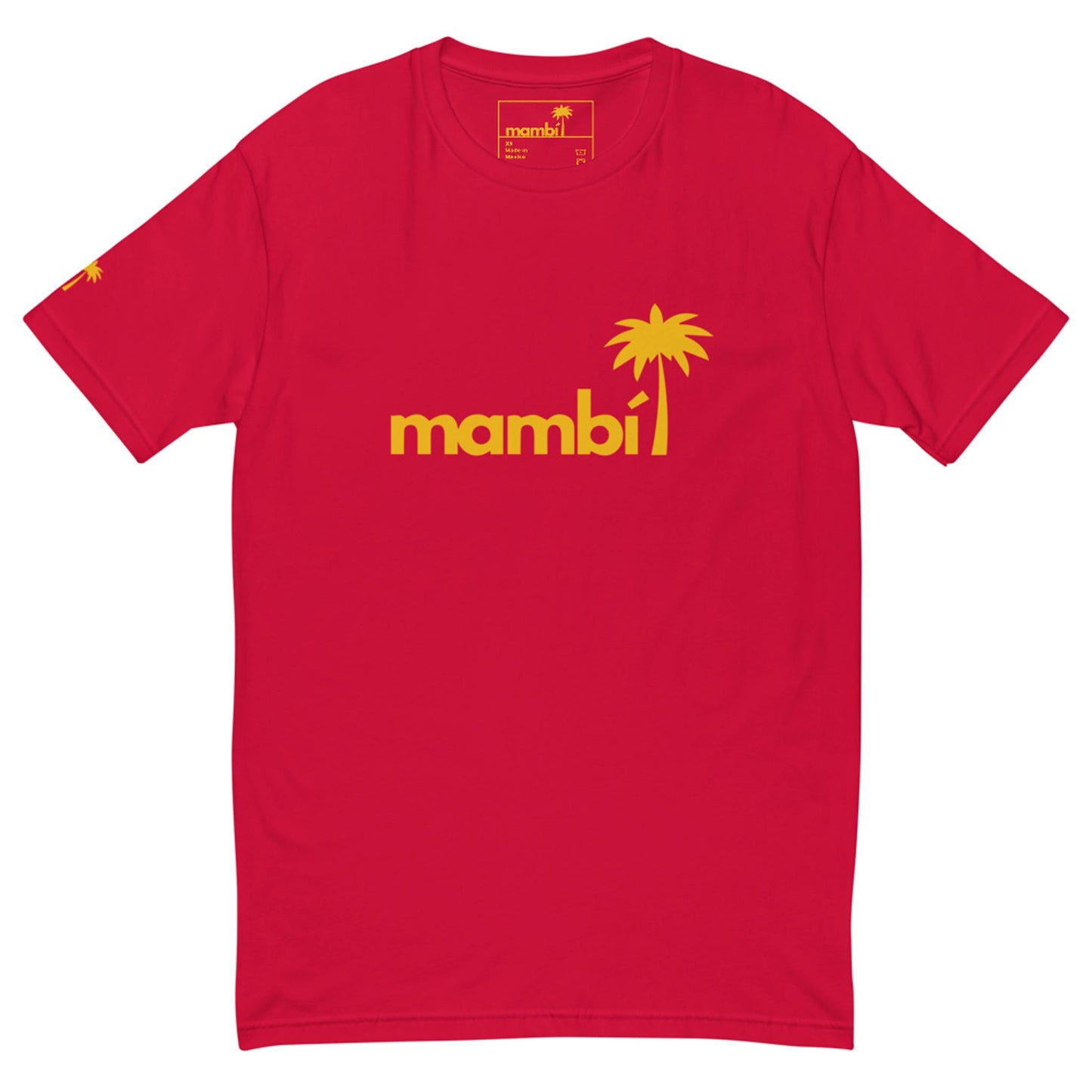 A red T-shirt featuring the word Mambí in yellow lowercase letters with a yellow palm tree graphic above the i and a small yellow palm tree on the left sleeve.