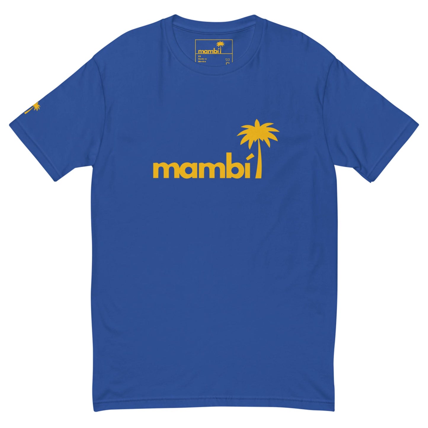 A royal blue t-shirt featuring the word Mambí in bold yellow letters, with a yellow palm tree graphic replacing the letter i. A small yellow palm tree is also printed on the left sleeve.
