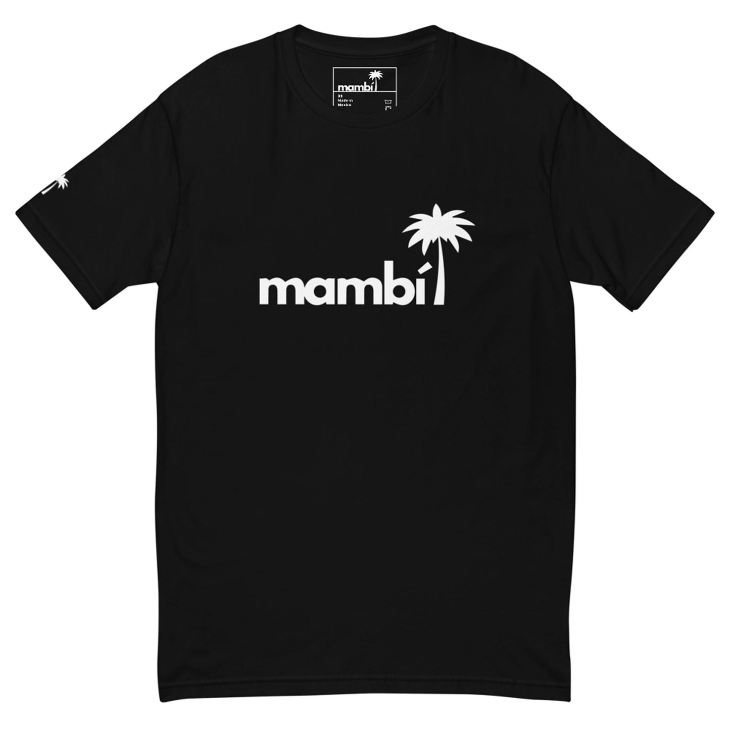 Black t-shirt with the word Mambí in white lowercase letters centered on the chest, featuring a white palm tree design replacing the dot above the i. A small palm tree also accents the left sleeve.