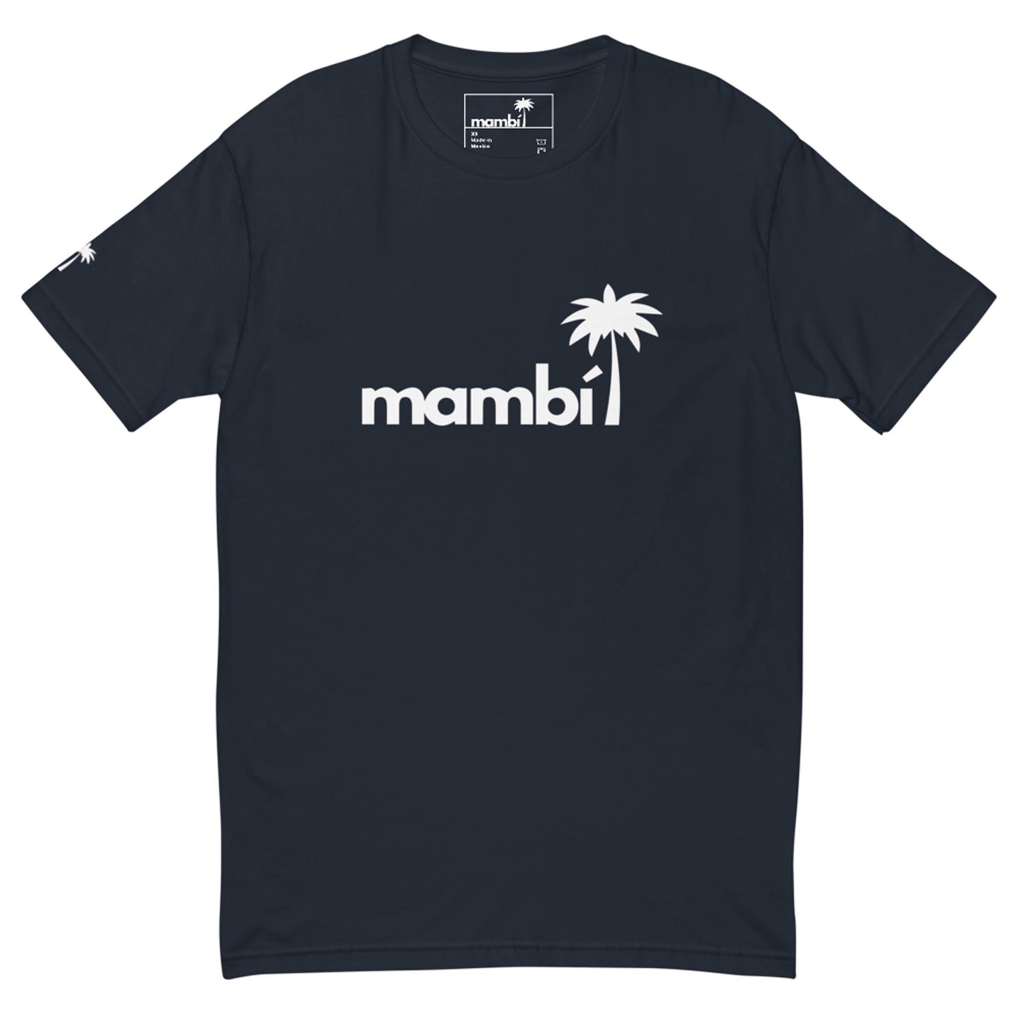 A navy blue t-shirt with the word Mambí in white lowercase letters across the chest, featuring a white palm tree graphic replacing the letter i.