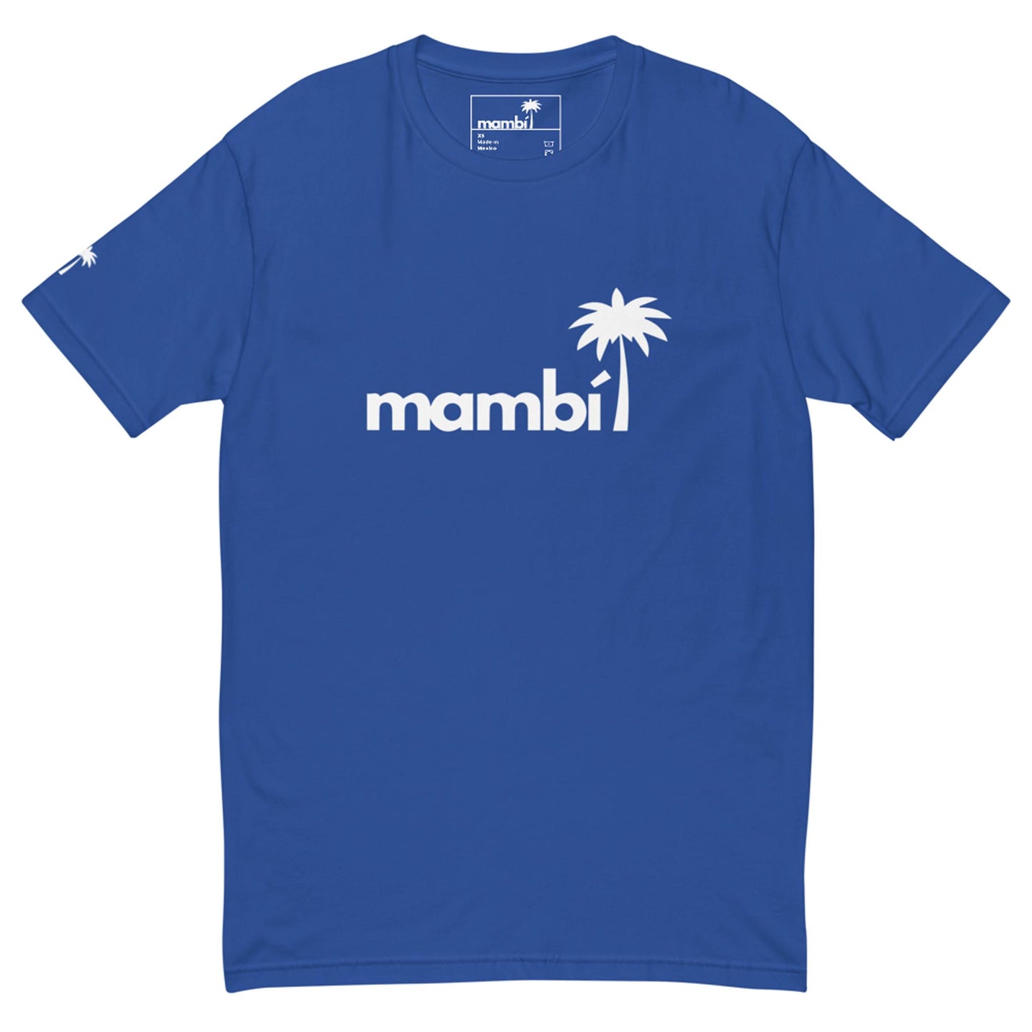 Blue t-shirt with the word Mambí in bold white letters across the chest, featuring a stylized white palm tree forming the letter i. A small palm tree graphic appears on the left sleeve.