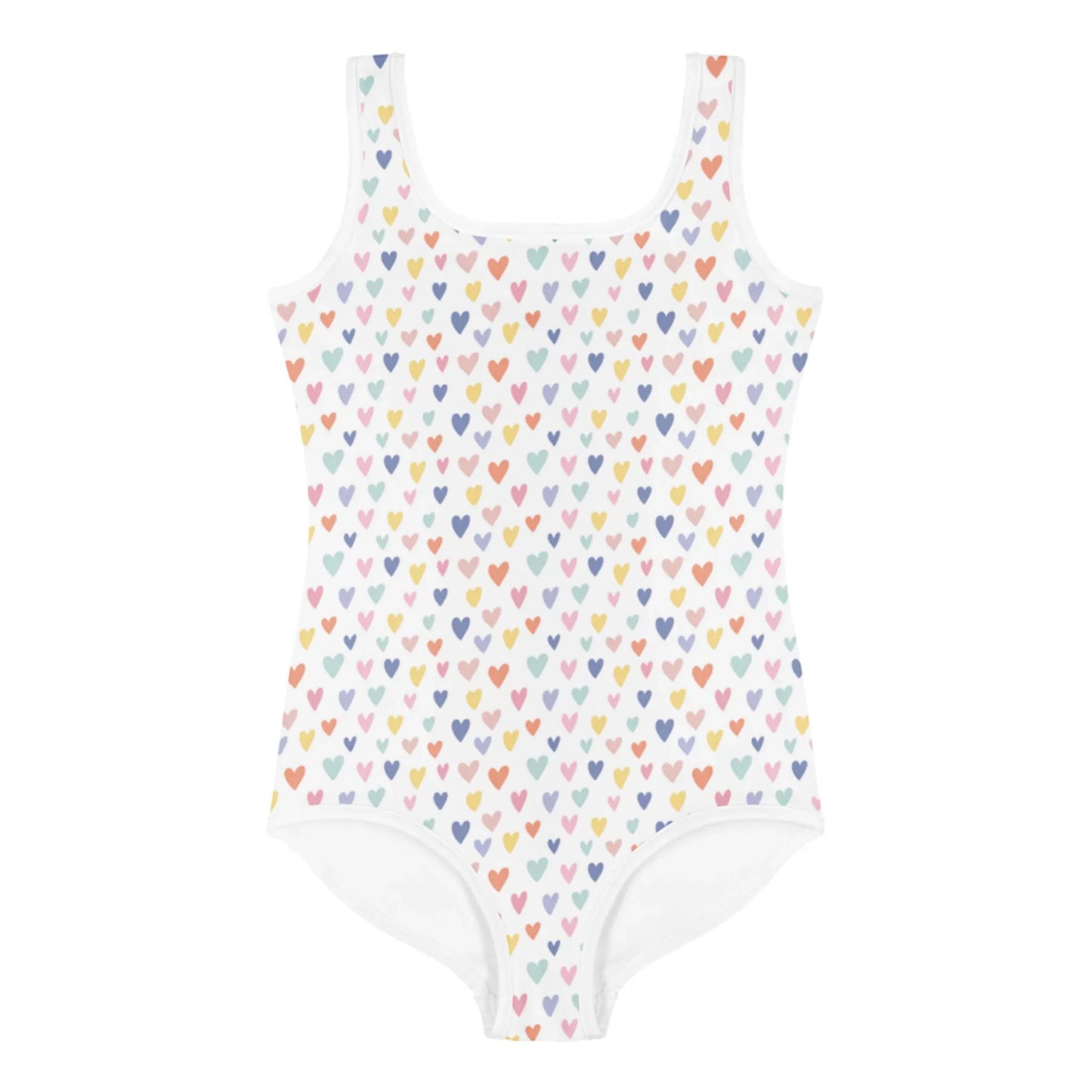 The Printful Gemma One-Piece Swimsuit for toddlers and little kids features a white, sleeveless design with rows of colorful hearts and offers UPF sun protection—ideal for stylish, safe fun in the sun.