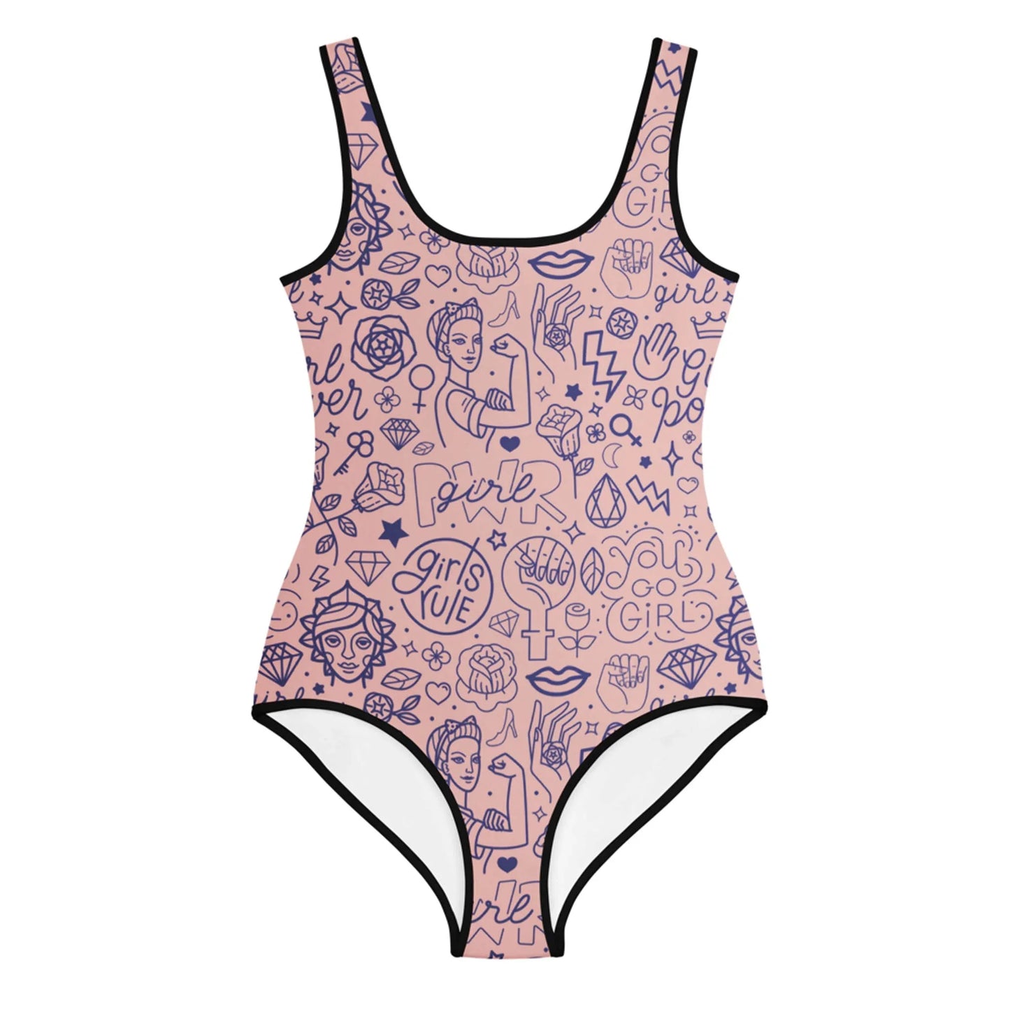 A pink one-piece swimsuit with black trim features Mambí-inspired blue line art illustrations, energetic phrases like Girls Rule and Girl Power, plus images of women, fists, diamonds, hearts, and lightning bolts.