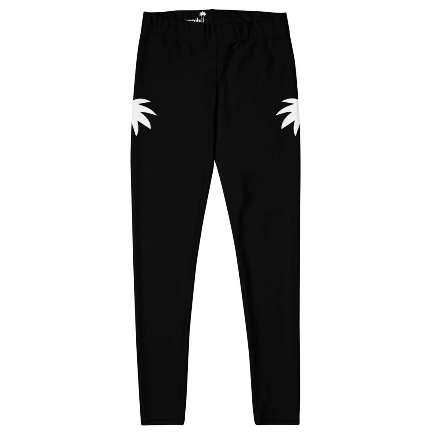 Black Mambí leggings with two white palm tree silhouettes on the upper thighs, lying flat against a white background.