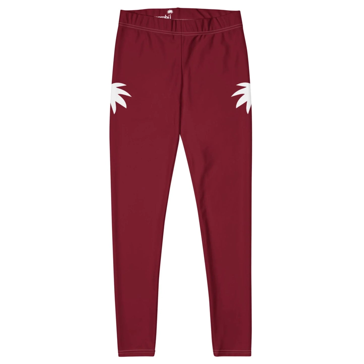 Maroon leggings with a fitted waistband, featuring two white palm leaf graphics on the upper sides of each hip. The Mambí leggings are displayed flat on a white background.