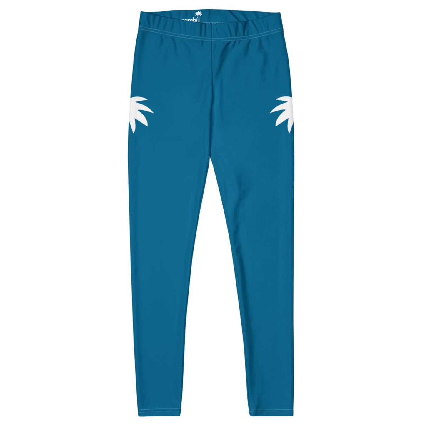 Bright blue Mambí leggings featuring two white palm leaf designs on the hips, displayed on a plain white background.