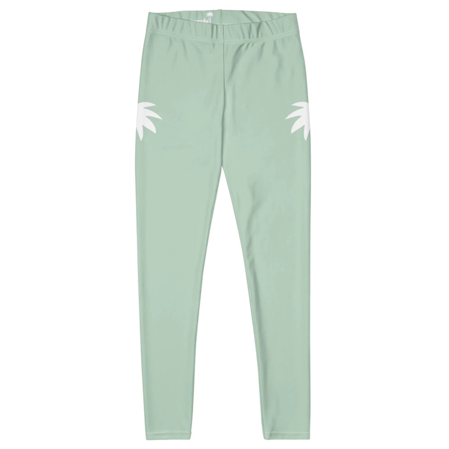 Light green Mambí leggings with a high waist and fitted design, featuring two white abstract leaf shapes on the outer sides of each hip. The leggings are laid flat on a white background.