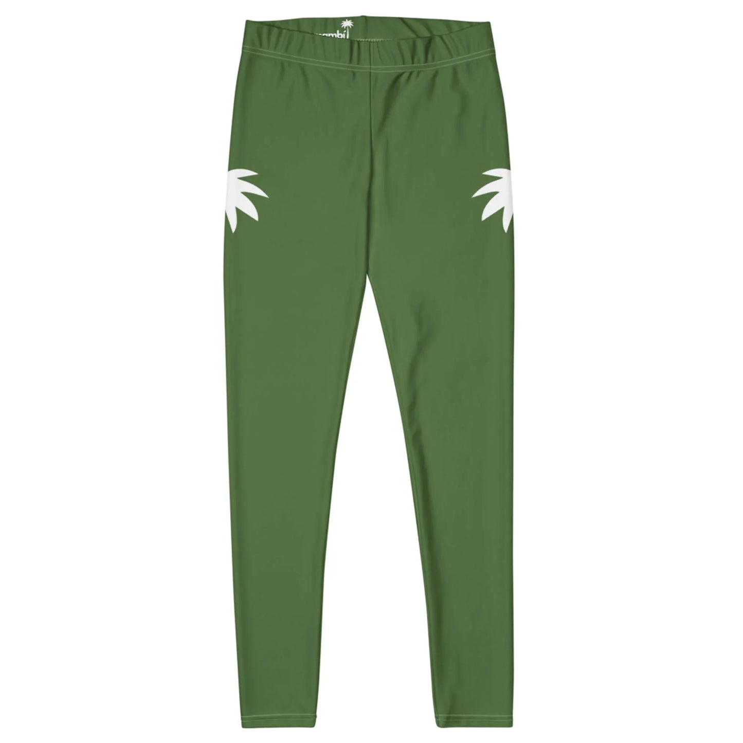 Green Mambí leggings with a high waist and two white, stylized leaf shapes on the front of each hip. The minimalist design stands out against a plain white background.