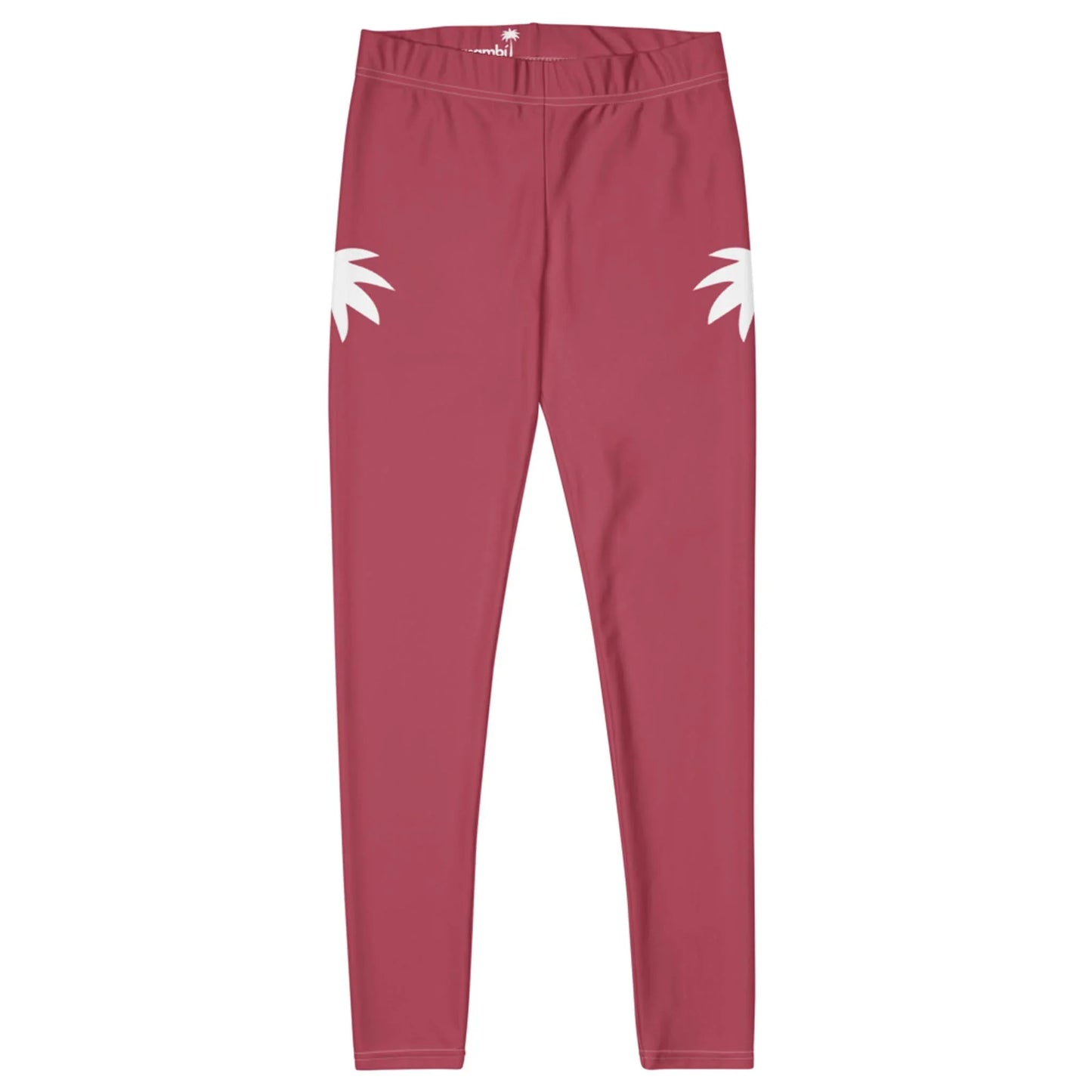 Pink Mambí leggings with a high waistband and two white, palm leaf-like designs on the upper thighs. The leggings are laid flat on a white background.