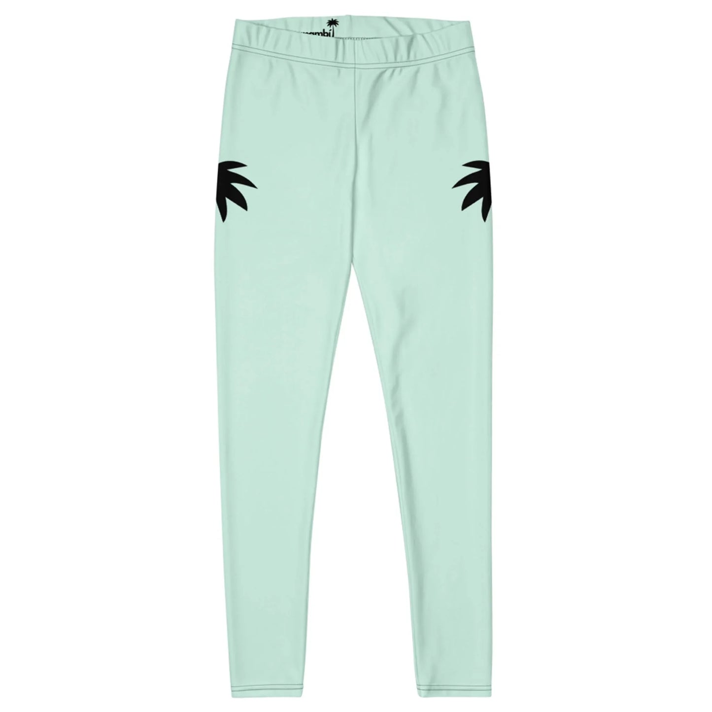 Light blue Mambí leggings with a high waistband, featuring two black palm leaf shapes on the upper outer thigh area of each leg. The leggings are displayed flat against a white background.