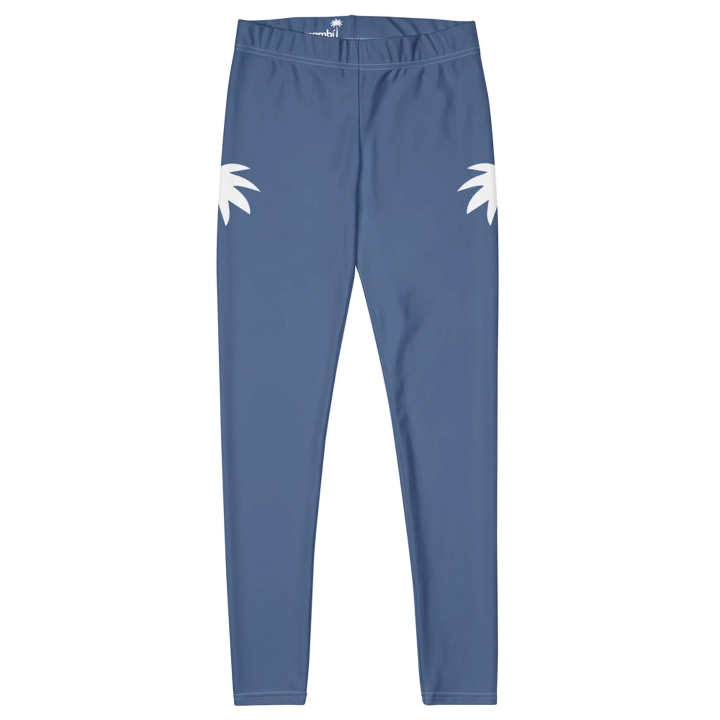 Blue Mambí leggings with an elastic waistband and two white palm leaf designs on each hip, displayed on a plain white background.