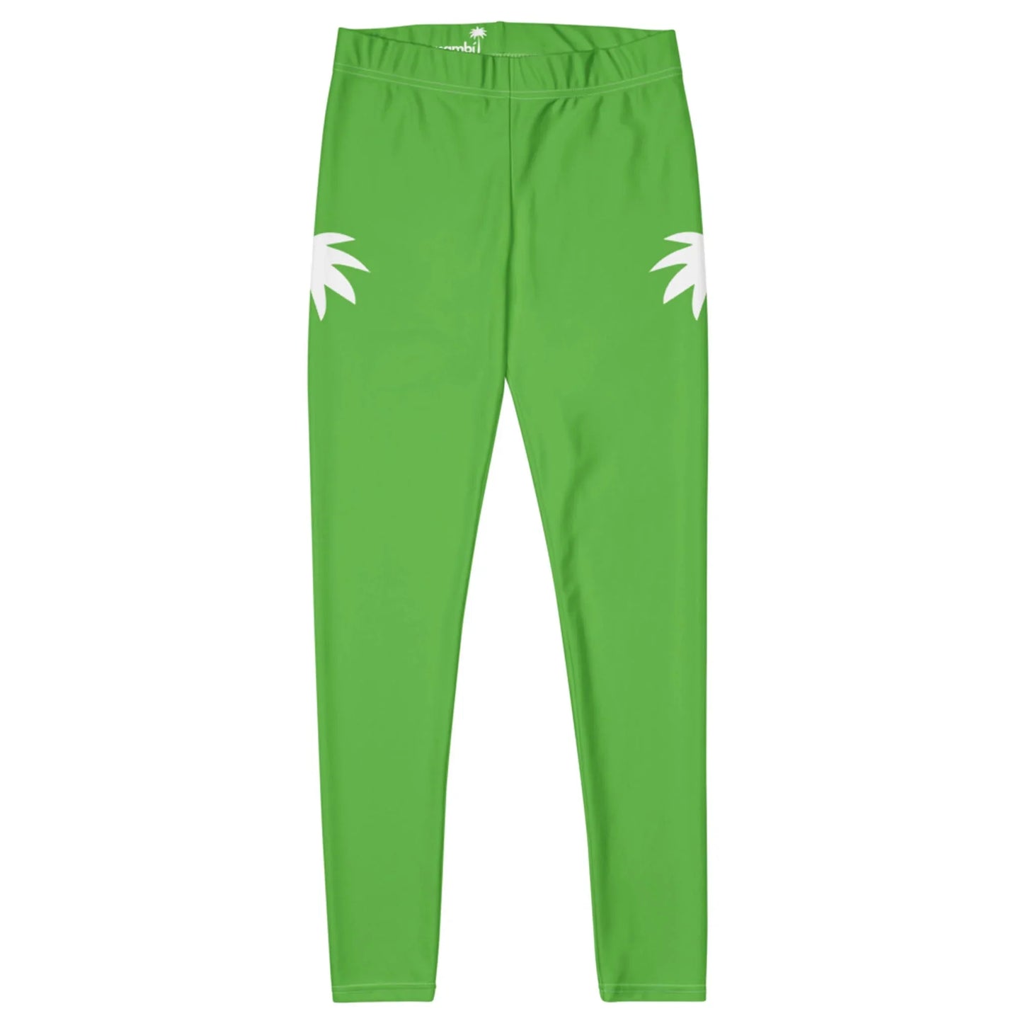Green Mambí leggings with a simple design featuring two white, petal-like shapes on the sides near the hips; no other patterns or decorations are visible.