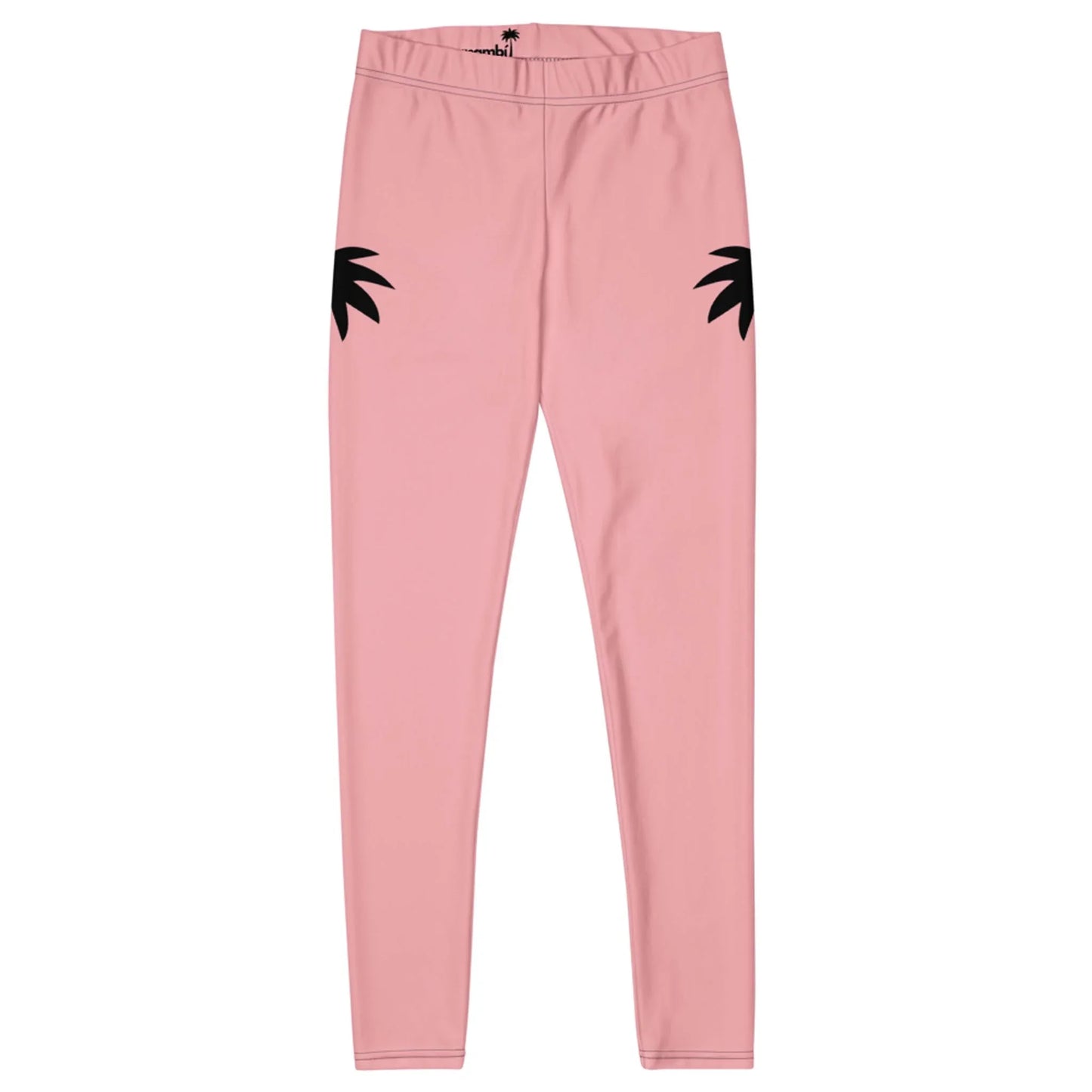 Pink leggings with an elastic waistband, featuring two black palm tree silhouettes near the hips. These Mambí leggings have a smooth, fitted design and are shown laid flat on a white background.