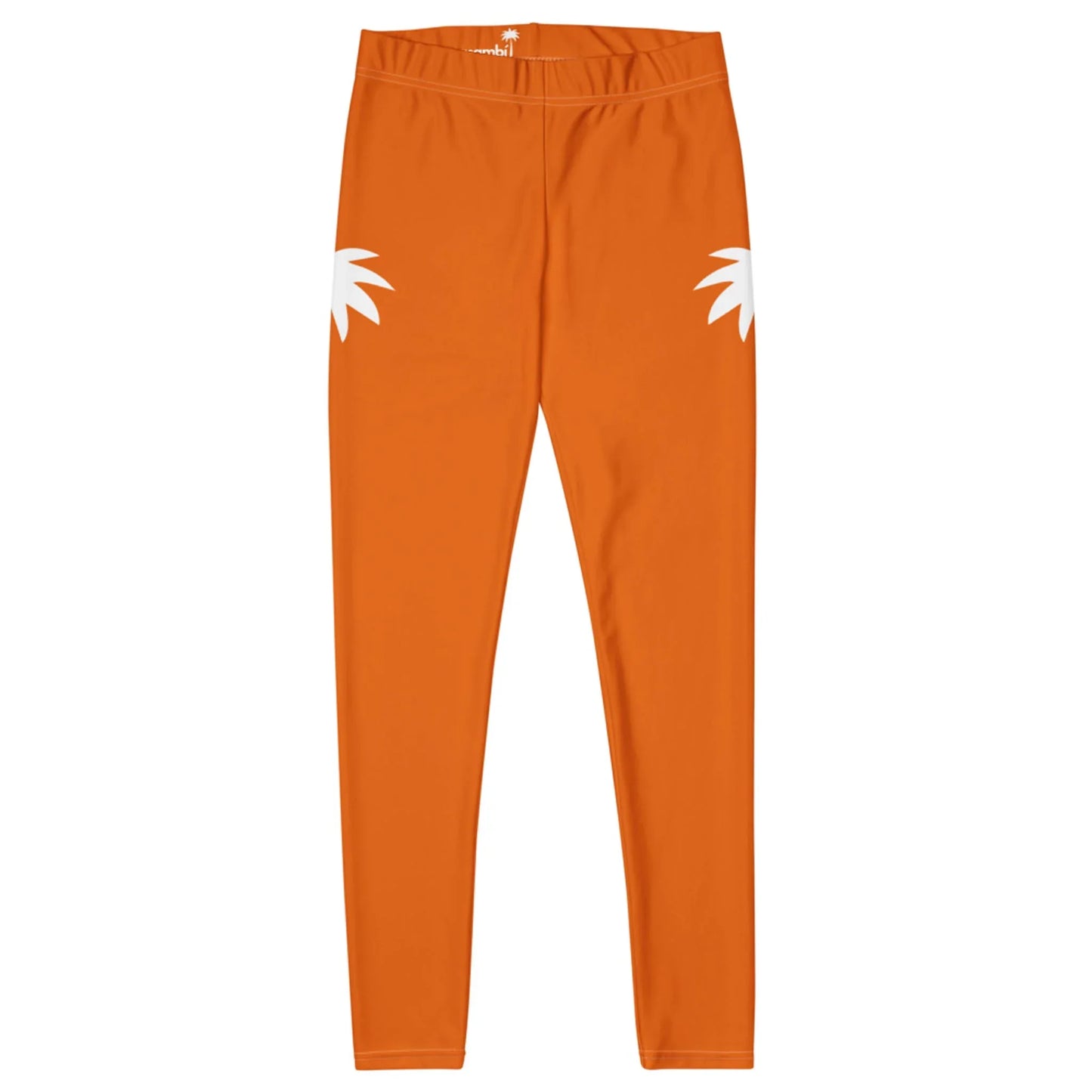 Orange leggings with a simple design, featuring two white, spiky shapes near the hip area on each side, showcased against a plain white background in the bold Mambí style.