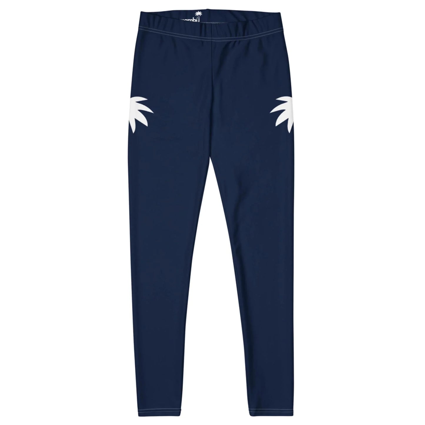 Navy blue Mambí leggings with a slim fit and two white palm leaf designs on the hips, displayed against a white background.