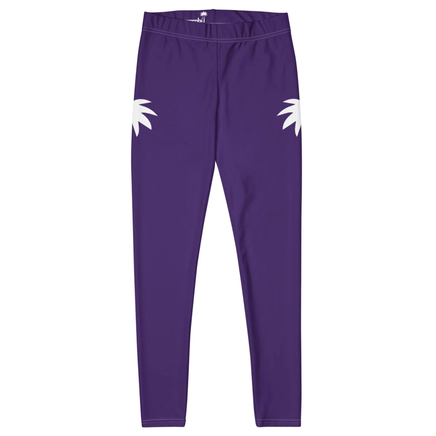 Mambí purple leggings with an elastic waistband and two white palm leaf designs, one on each hip. The leggings are displayed flat on a white background.