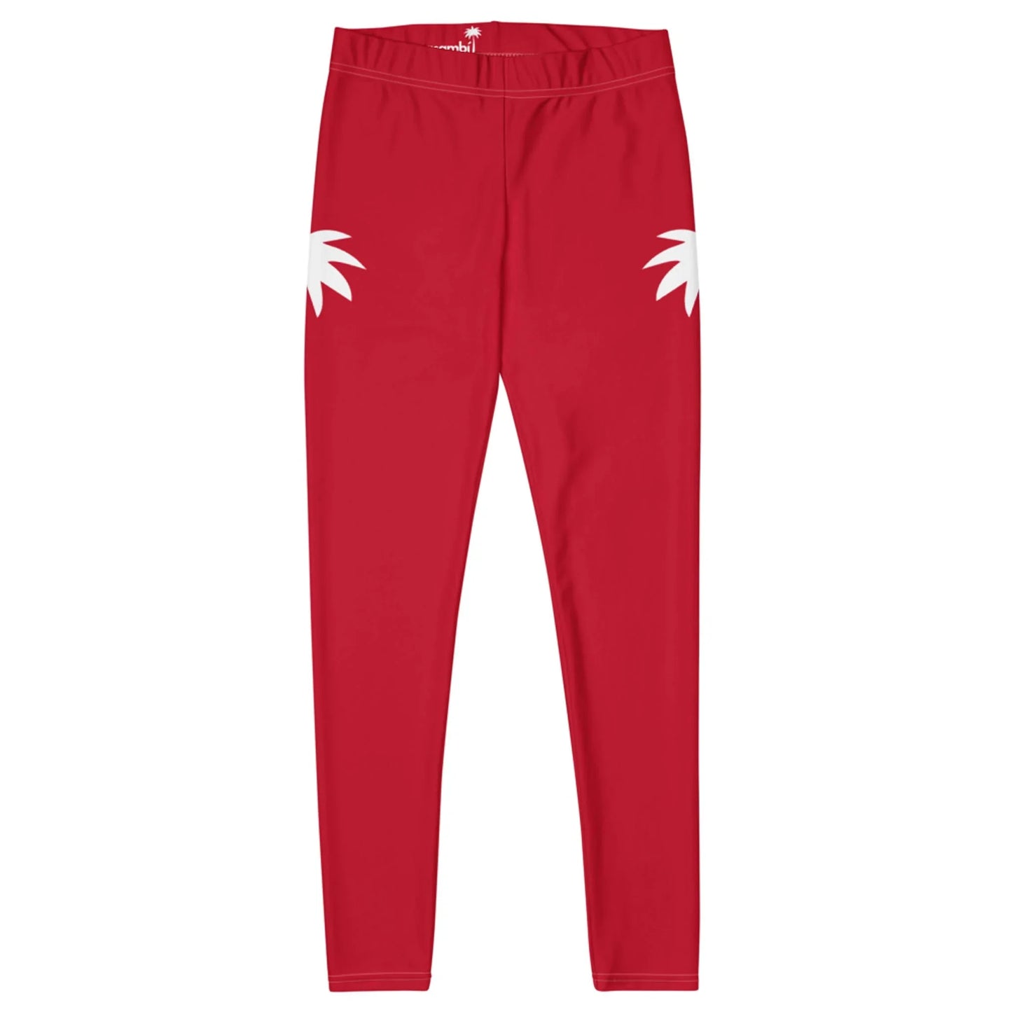 Red Mambí leggings with a high waist and two white palm leaf shapes on the upper thigh area, displayed on a plain white background.