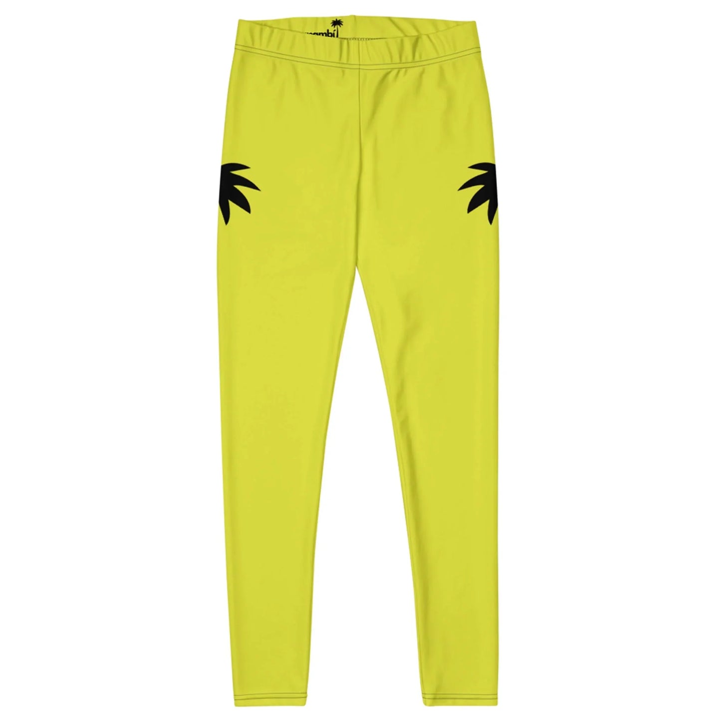 Bright yellow Mambí leggings with an elastic waistband, featuring two black palm tree silhouettes on each hip. The leggings are displayed flat on a white background.