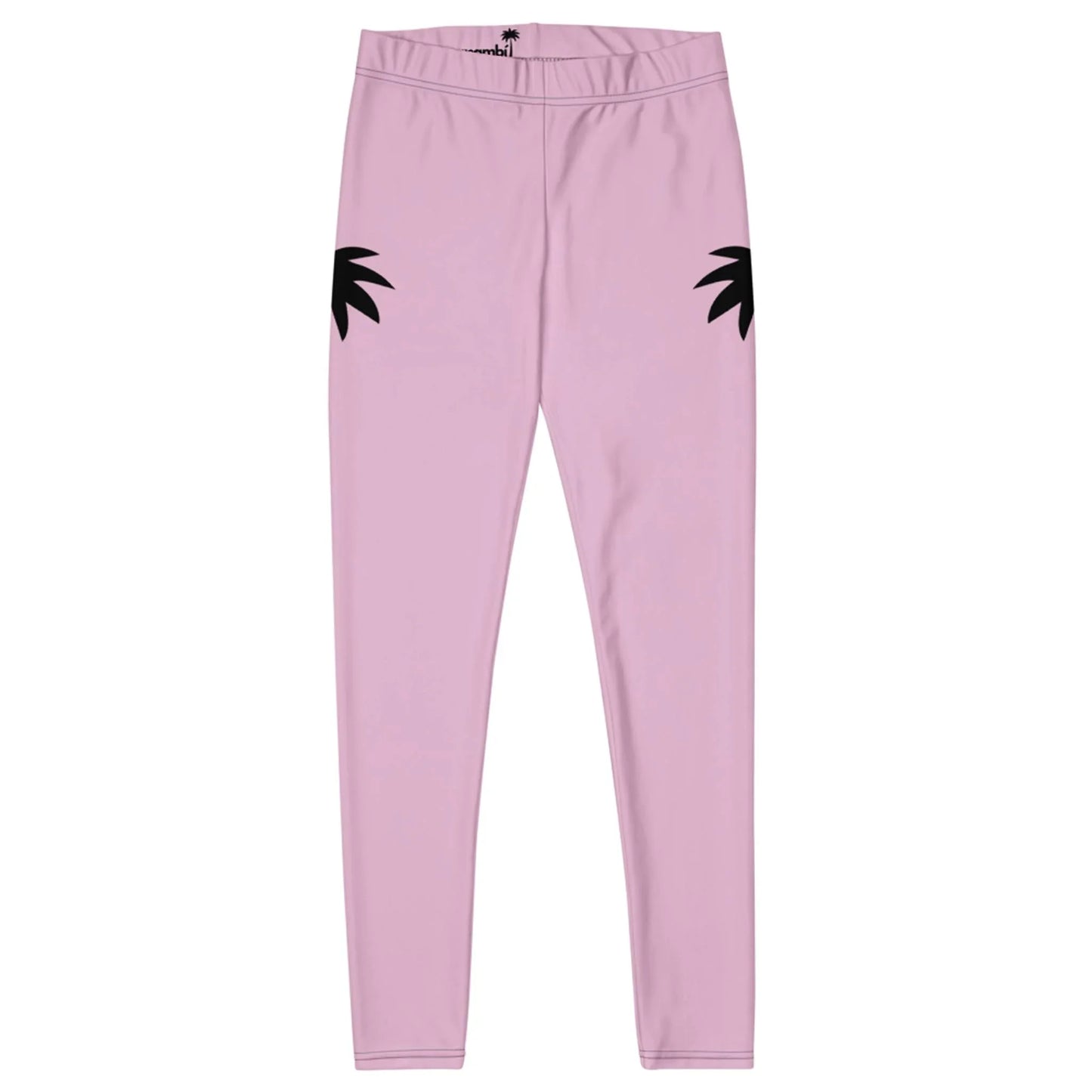 Light pink Mambí leggings with two black palm tree silhouettes, one on each hip area, displayed on a plain white background.