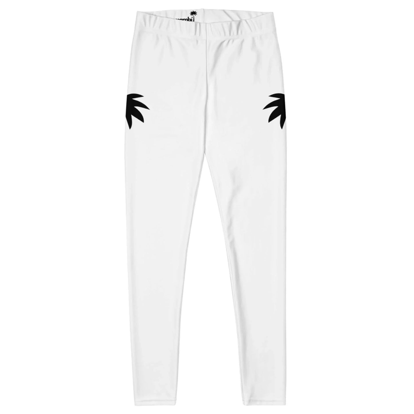 White leggings featuring two black palm leaf graphics on each hip, shown laid flat on a white background. Inspired by Mambí style.