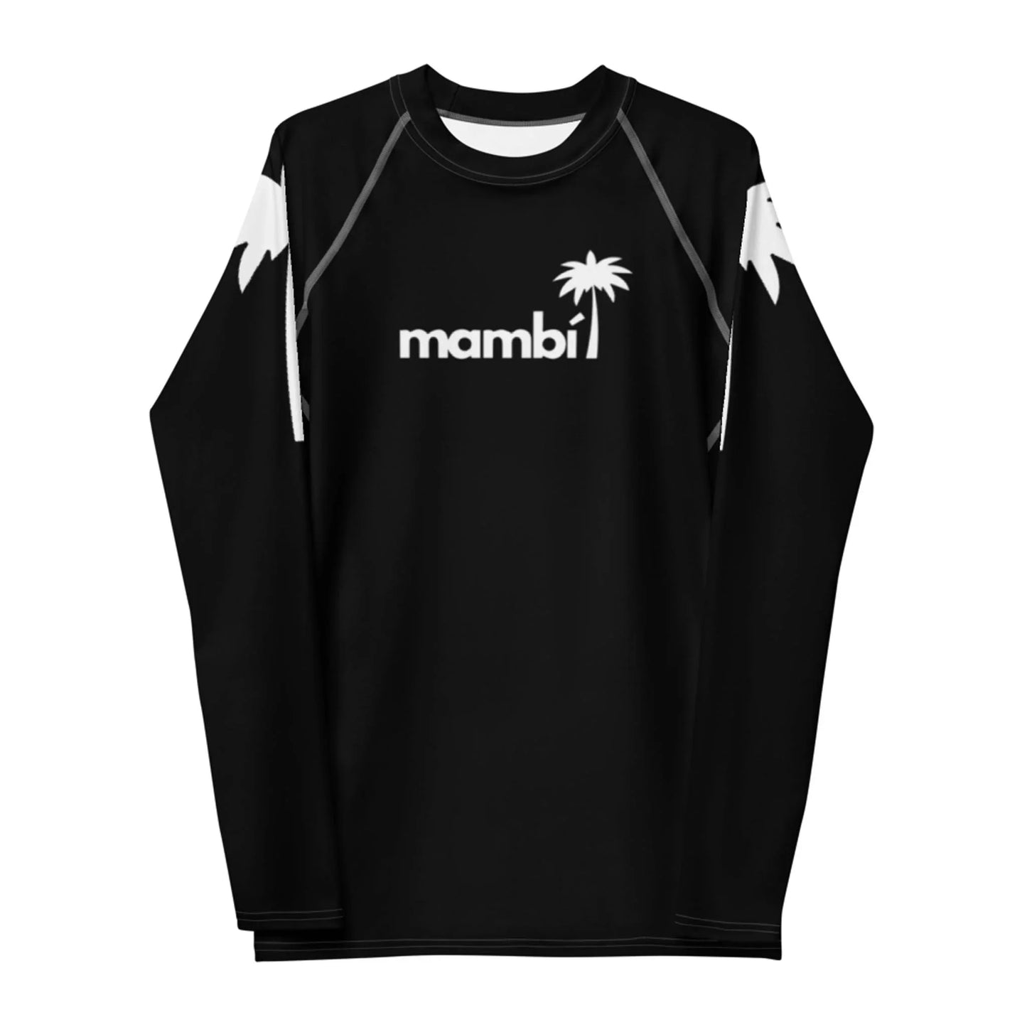 A black long-sleeve shirt with white accents, featuring the word Mambí and a palm tree graphic on the chest. White palm tree designs decorate the shoulders.