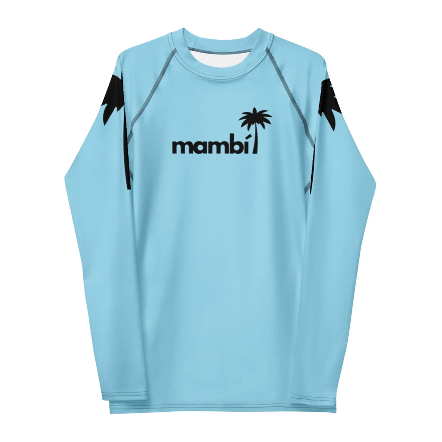 A light blue long-sleeve shirt featuring a Mambí and palm tree graphic in black on the front, with black palm tree silhouettes on the upper sleeves.