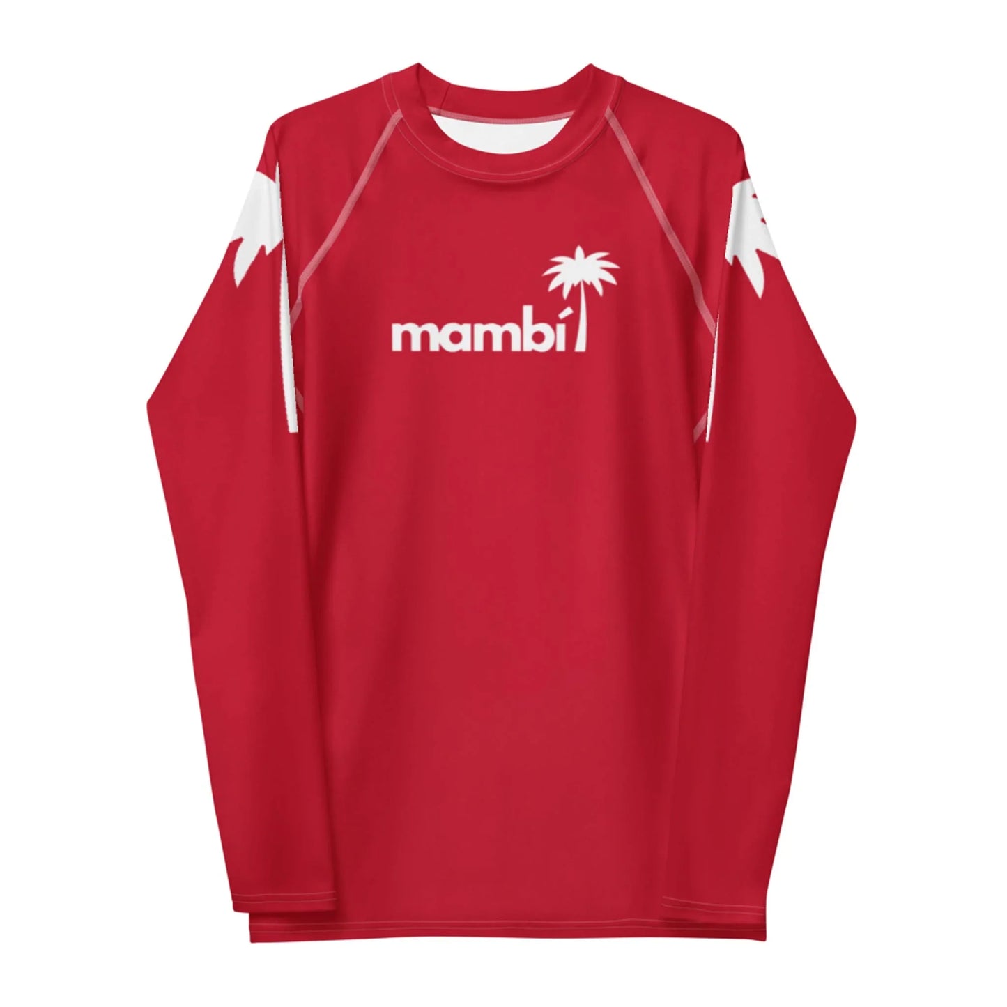 A long-sleeve red shirt with white accents on the shoulders, featuring the word Mambí and a palm tree graphic printed in white on the chest.