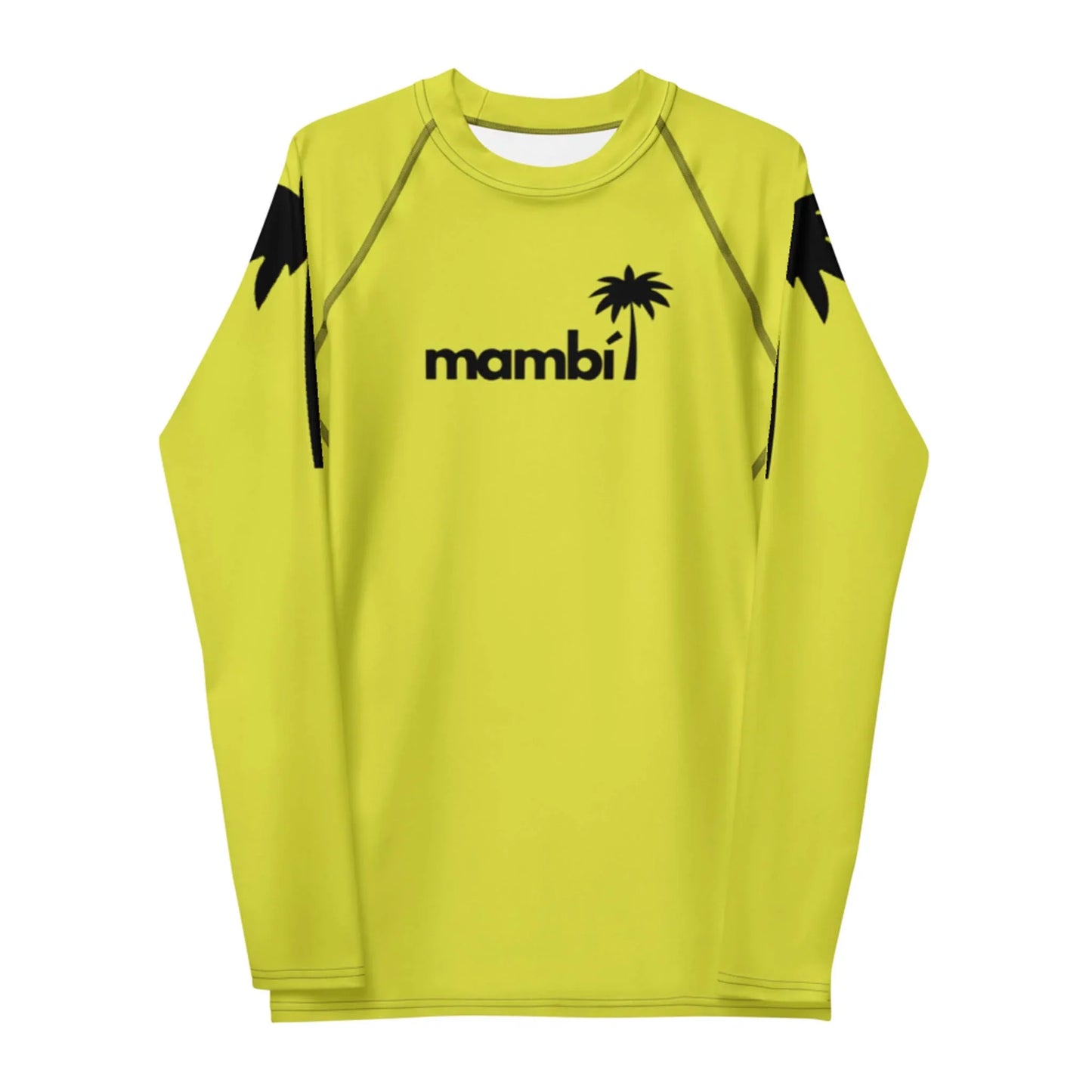 A bright yellow long-sleeve shirt featuring “Mambí” and a palm tree graphic in black on the chest, plus black palm tree graphics on both shoulders. The shirt has a rounded neckline.