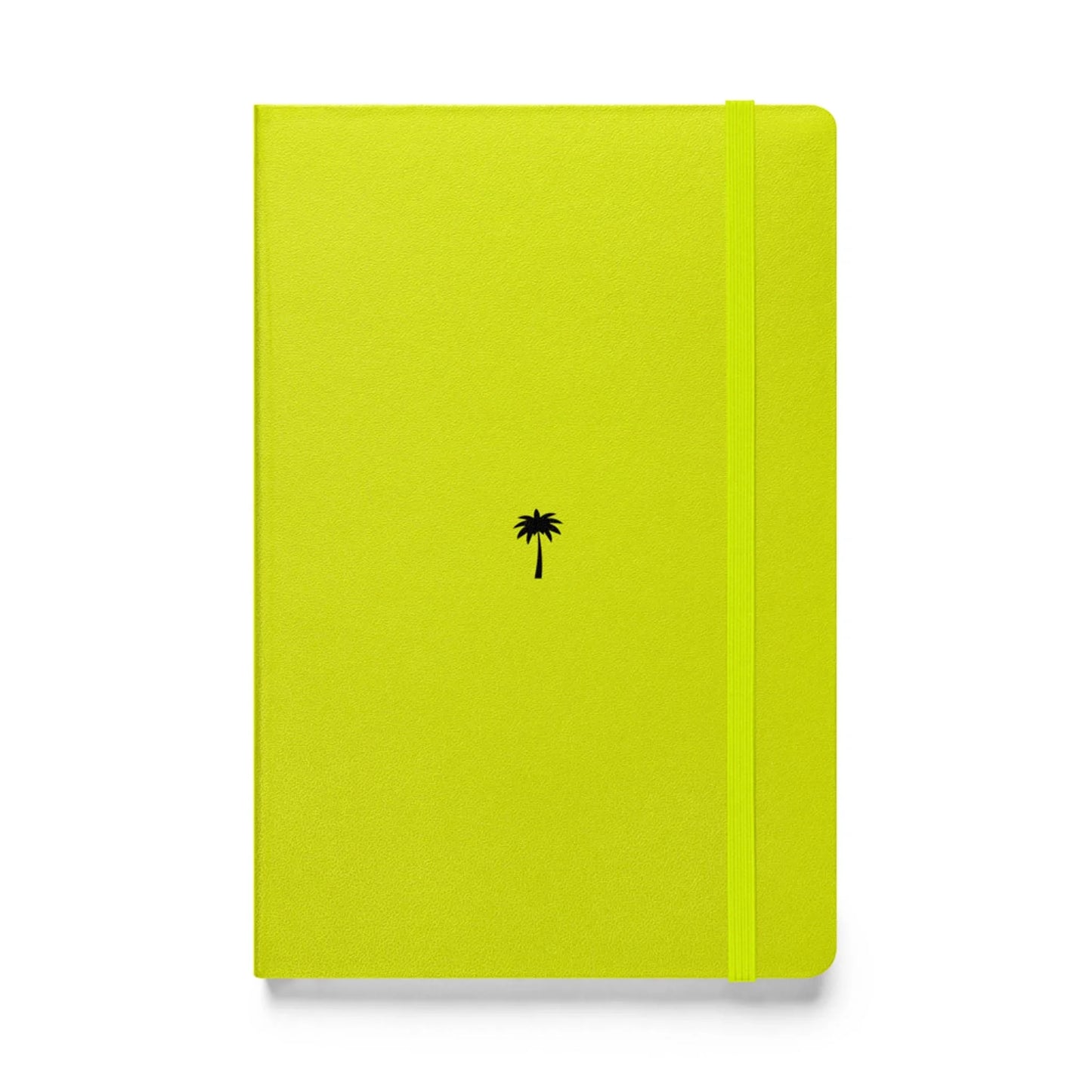 A bright yellow-green Mambí notebook with a small black palm tree icon centered on the cover. An elastic band for closure runs vertically along the right edge.