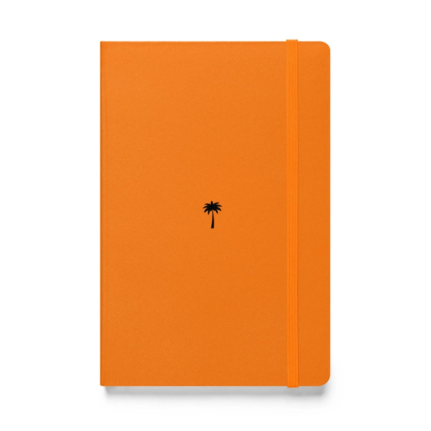 An orange Mambí notebook featuring a small black palm tree illustration in the center of the cover and an elastic band closure on the right side.