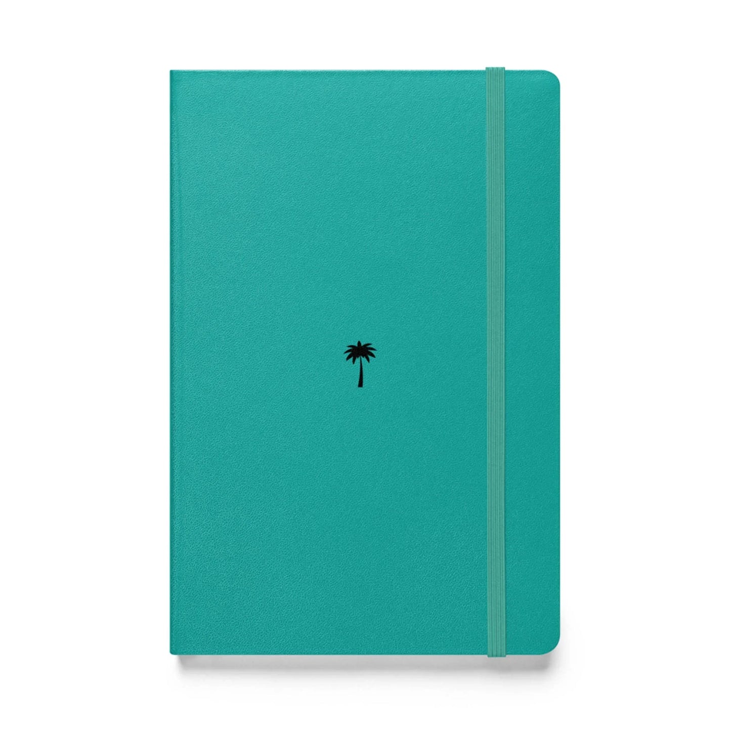 A teal-colored Mambí notebook features a small black palm tree icon in the center and an elastic band closure running vertically along the right side.
