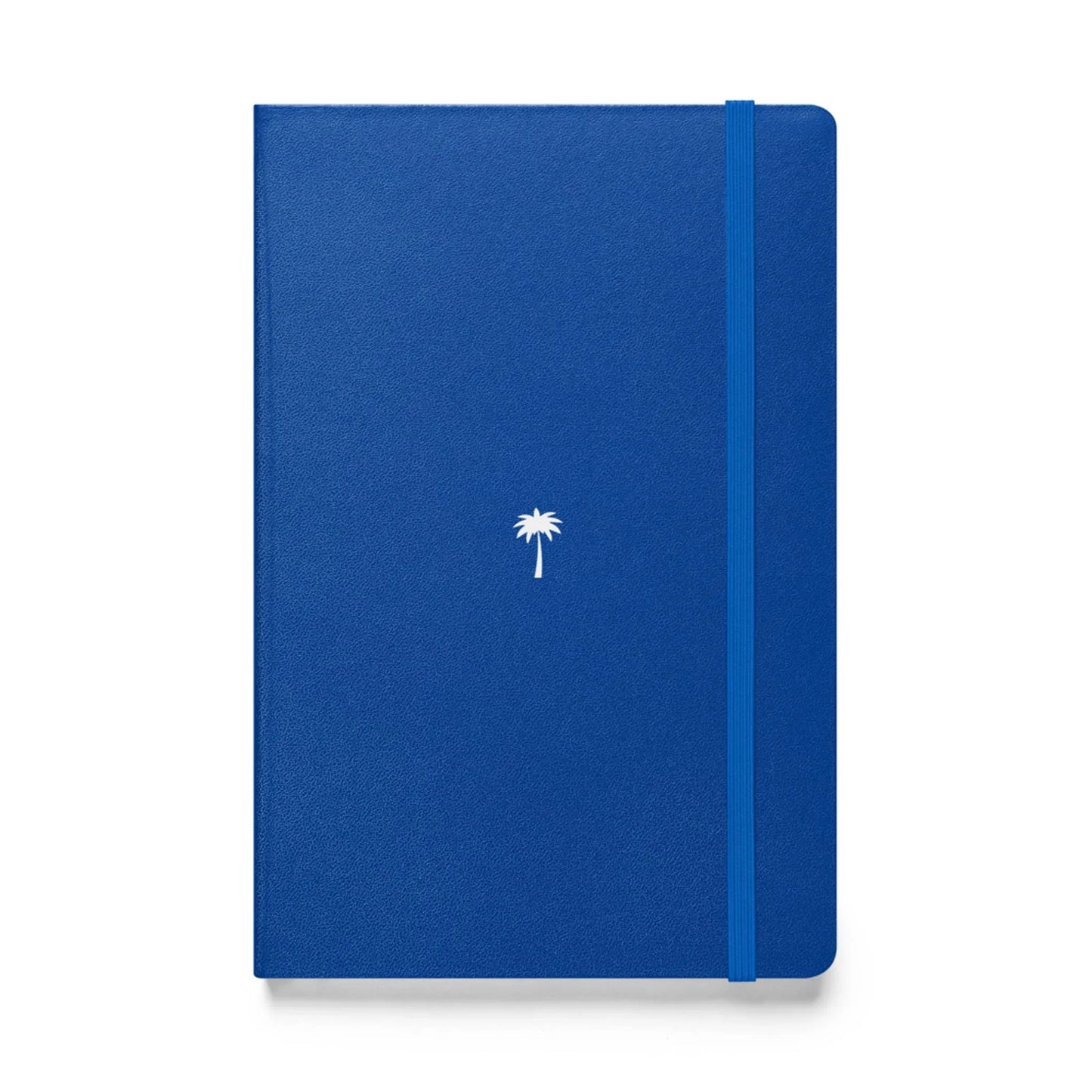 A closed, blue Mambí notebook with a small white palm tree design in the center and an elastic band running vertically along the right edge.