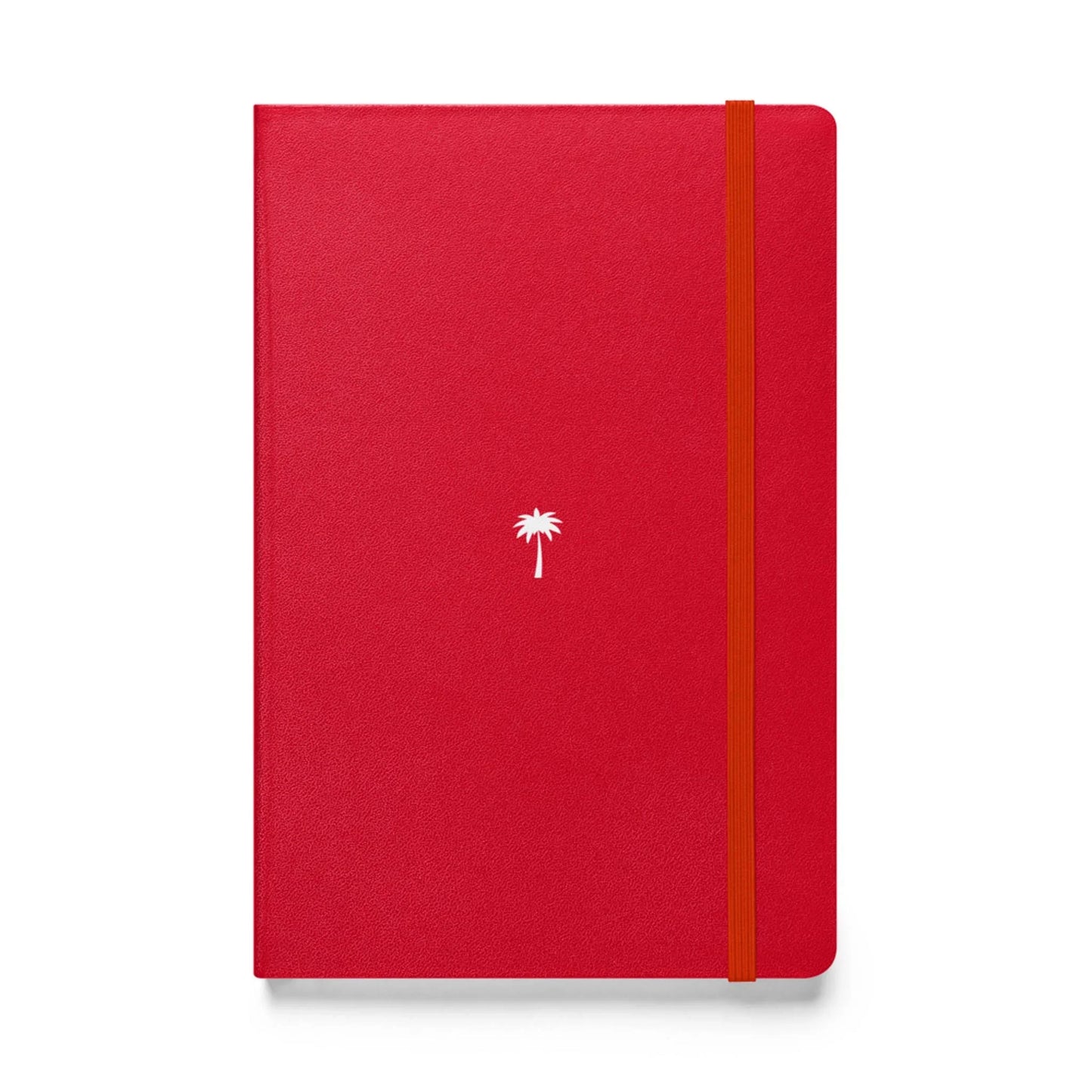 A red Mambí notebook featuring a small white palm tree illustration in the center of the cover and an orange elastic band on the right side for closure.