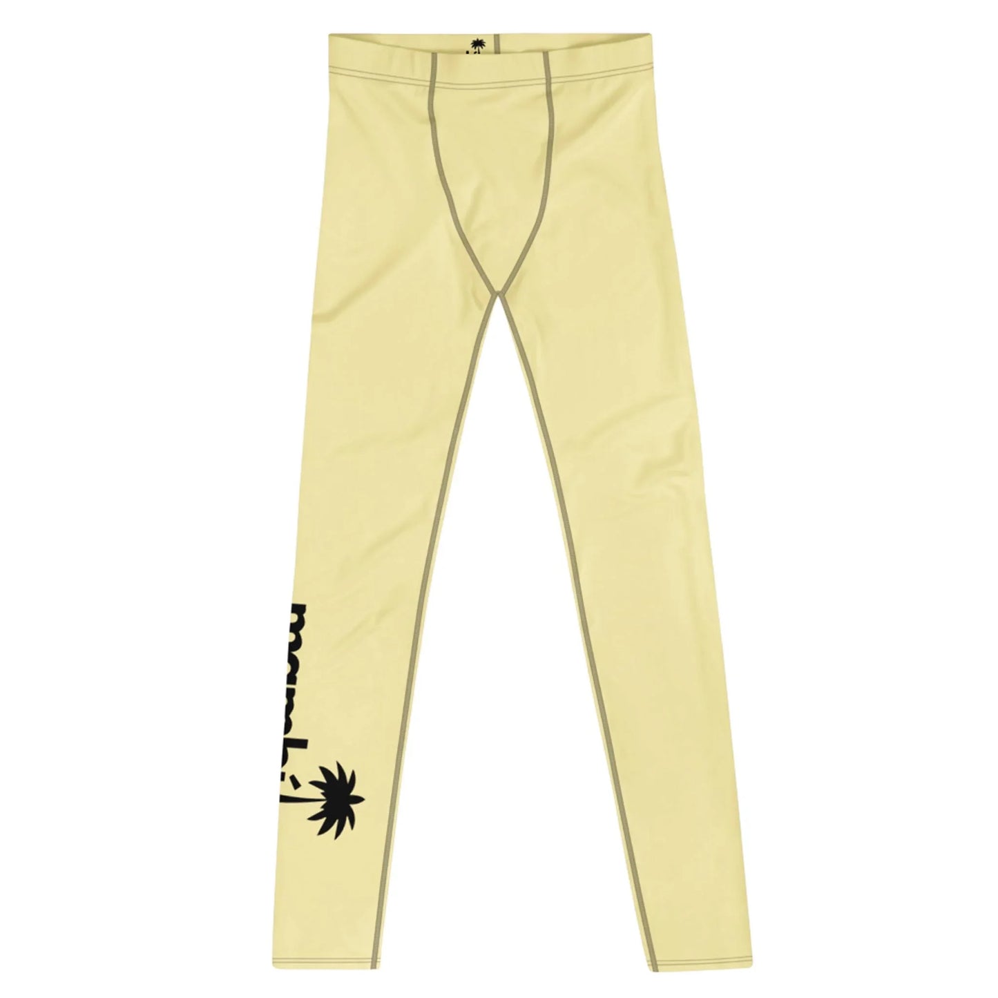Light yellow leggings with gray stitching, featuring a black palm tree graphic and the word MOOD! on the lower side of the left leg. Mambí style for a bold look.