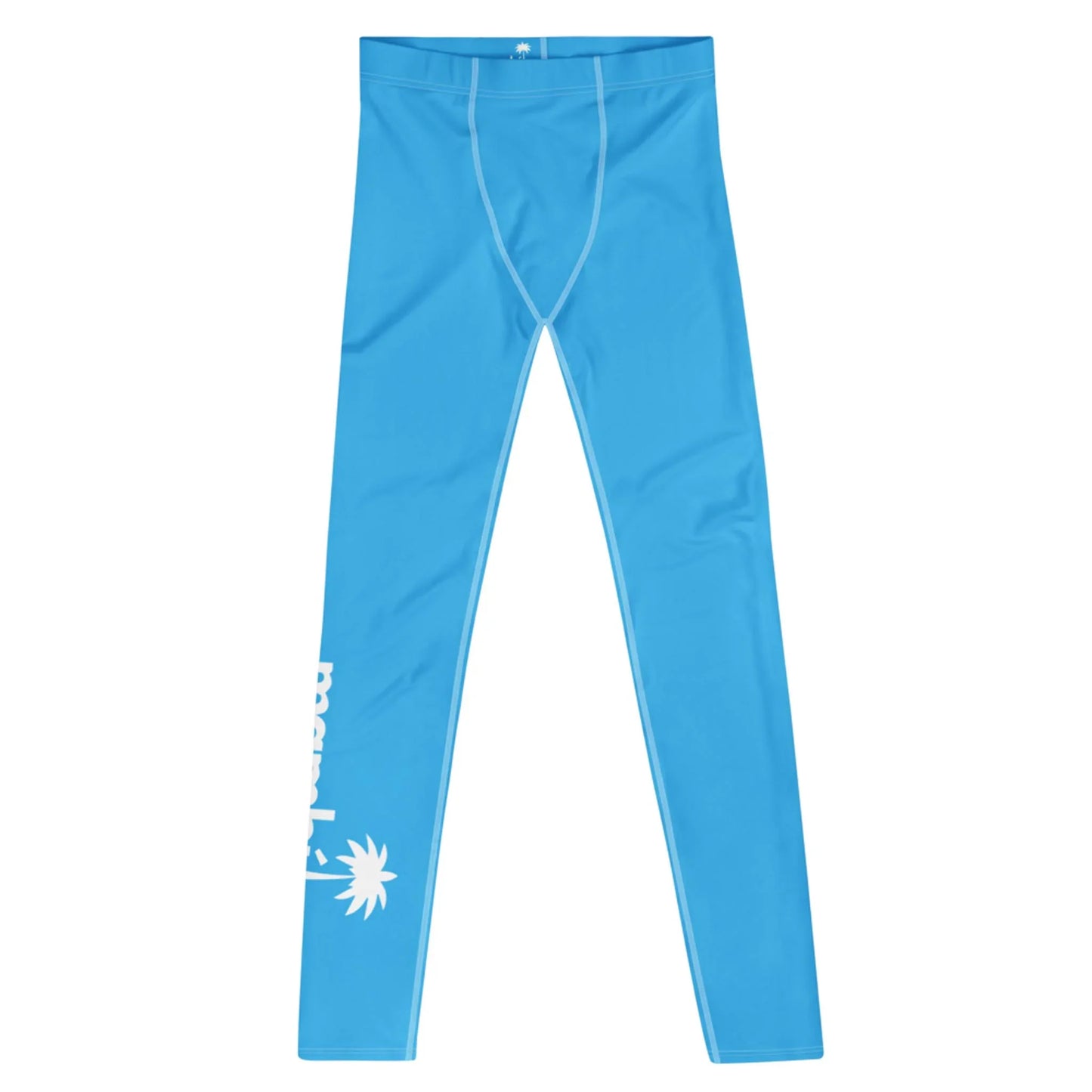 Bright blue athletic leggings with white seams and a white graphic of a palm tree, Mambí text on the lower left leg. The leggings are laid flat on a white background.