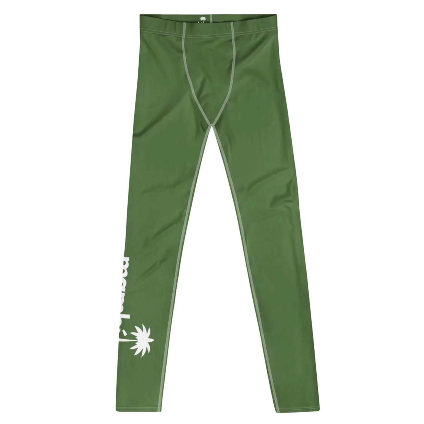 Green athletic leggings with white stitching and a white palm tree graphic near the lower left leg, featuring a subtle Mambí touch. The leggings are laid flat on a white background.