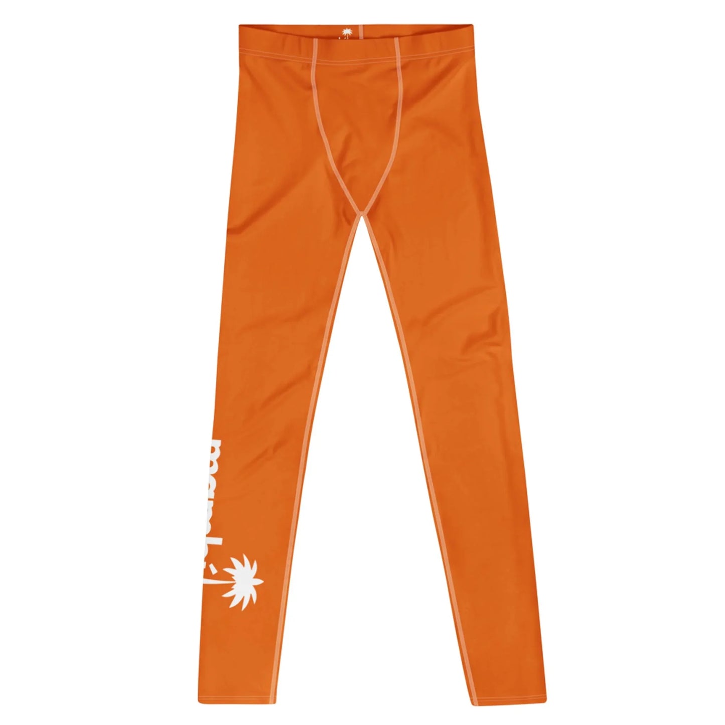 Bright orange athletic leggings with white stitching, featuring a Mambí palm tree graphic and partial text on the lower left leg.