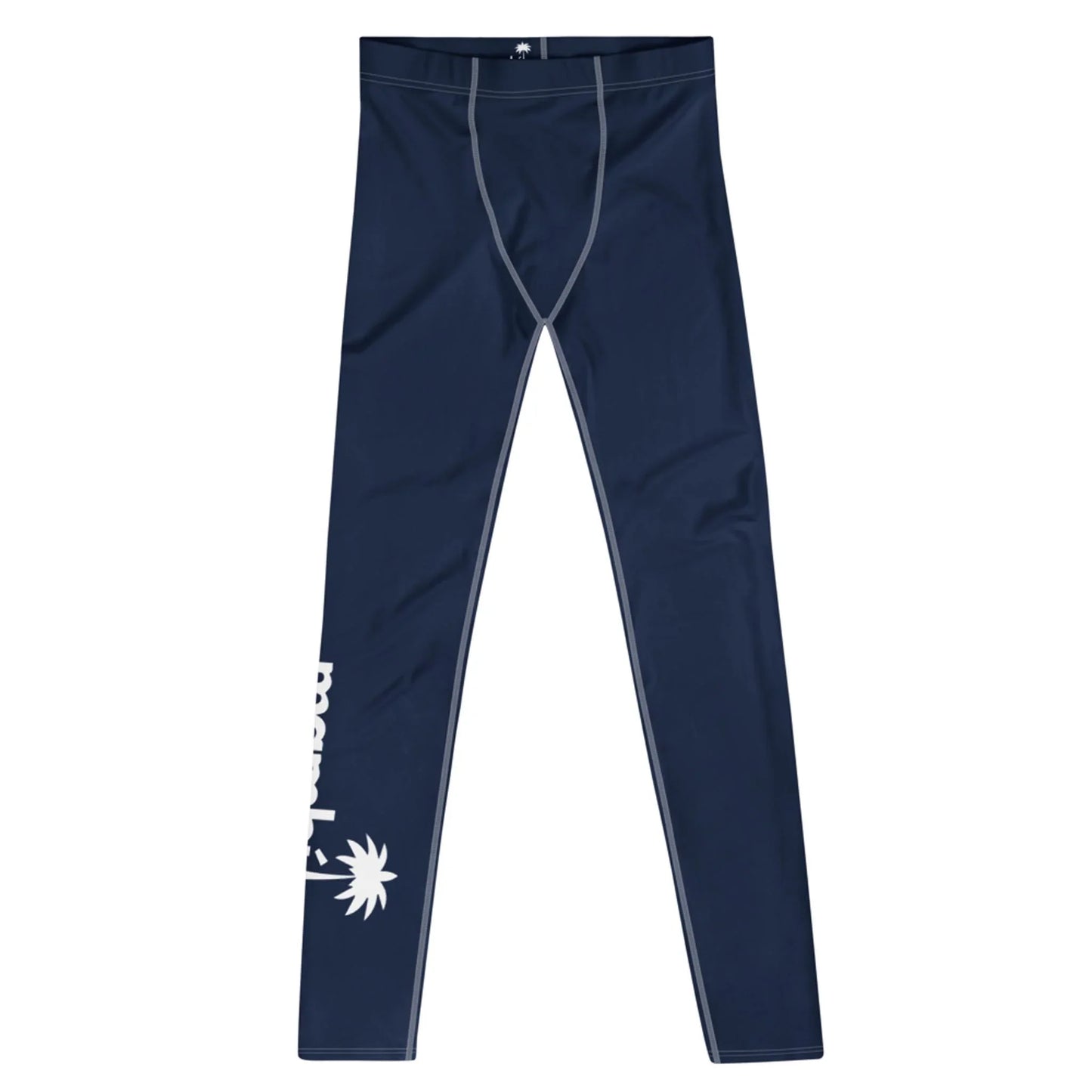 Navy blue athletic leggings with light gray seams and a white palm tree graphic with partial Mambí text on the lower left leg, displayed on a plain white background.