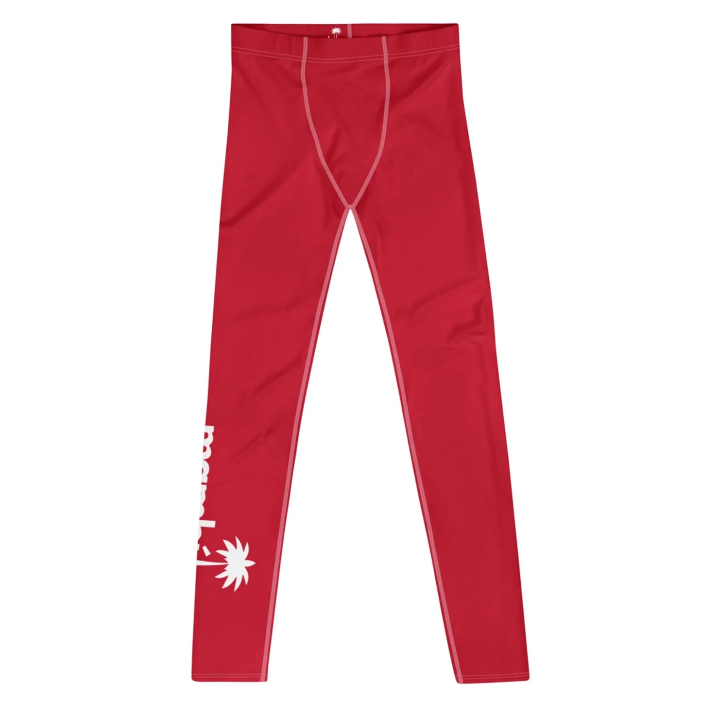 Red athletic leggings with white stitching and a white Mambí palm tree graphic and partial text on the lower left leg, laid flat on a white background.