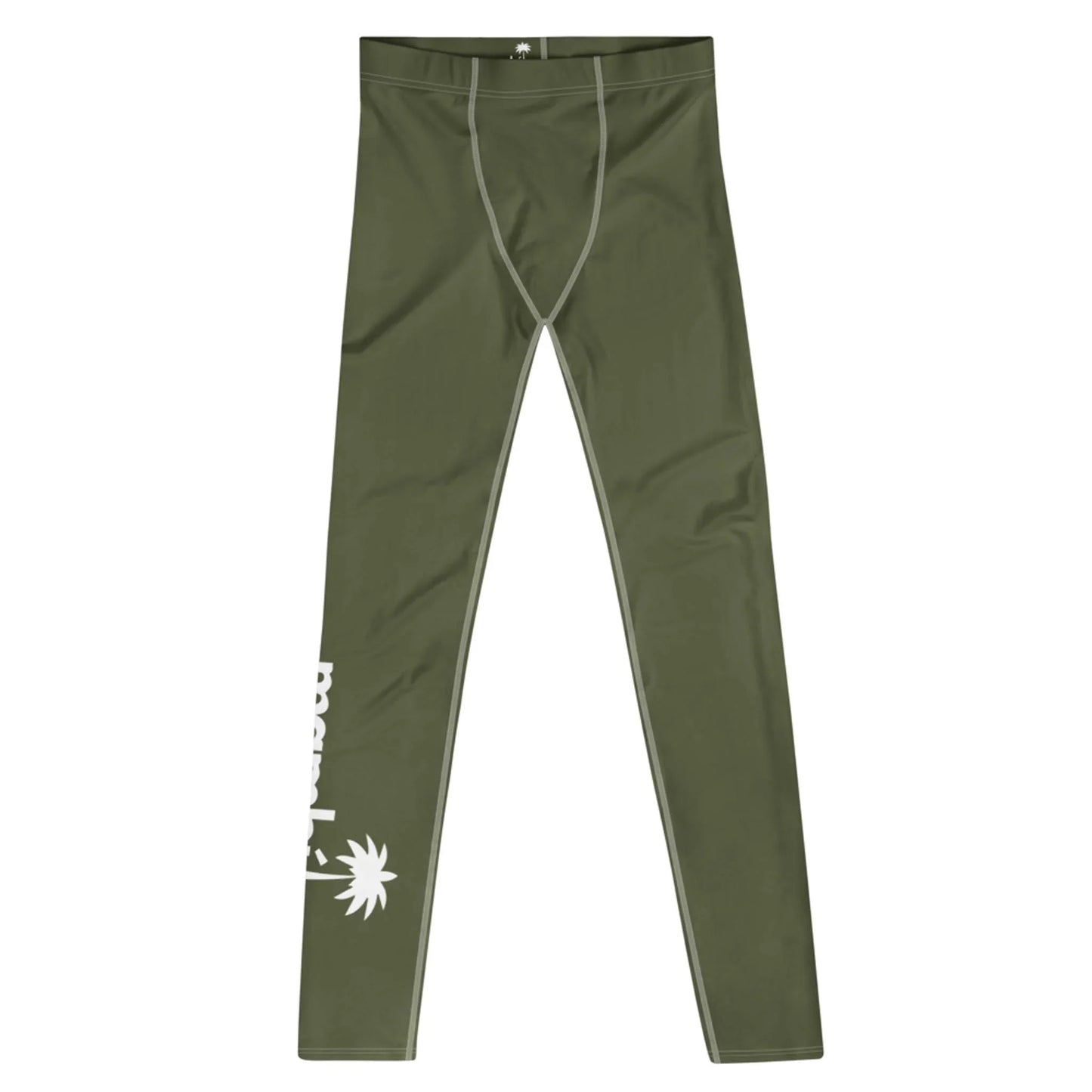 Olive green Mambí athletic leggings with white seams and a white graphic featuring a palm tree and partial text on the lower left leg. The leggings are laid flat on a white background.